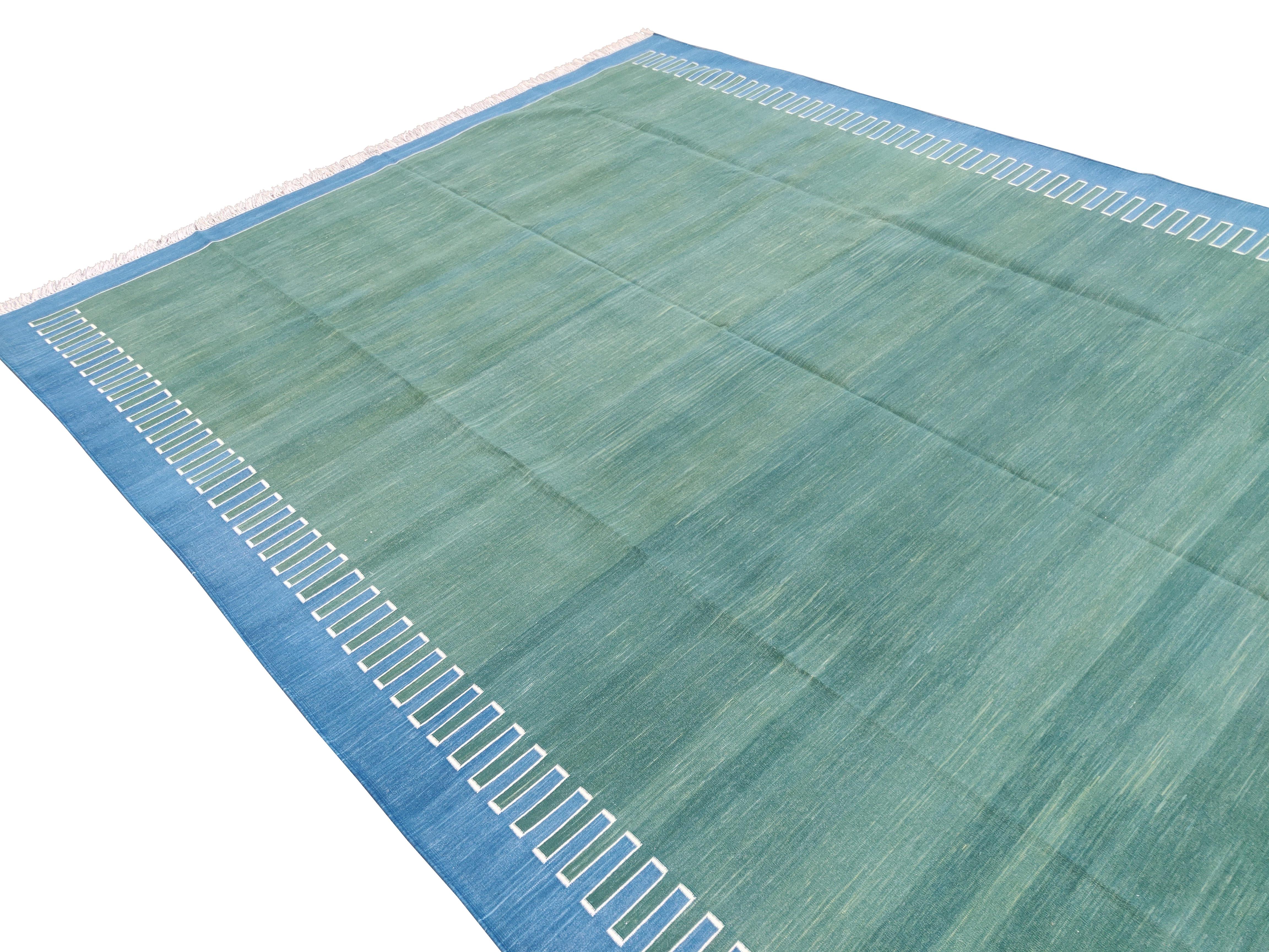 Hand-Woven Handmade Cotton Area Flat Weave Rug, 8x10 Green And Blue Zig Zag Striped Dhurrie For Sale