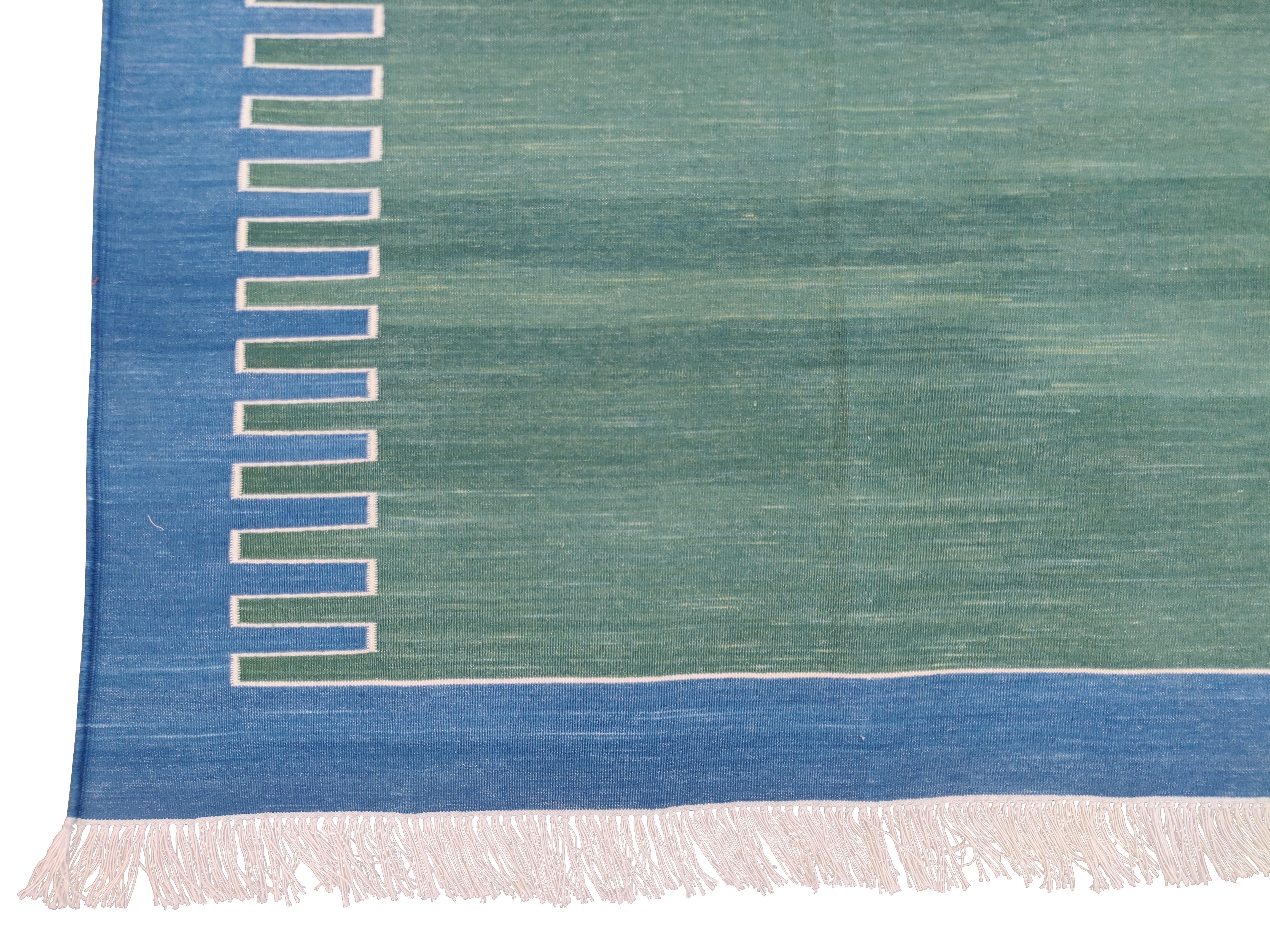 Handmade Cotton Area Flat Weave Rug, 8x10 Green And Blue Zig Zag Striped Dhurrie In New Condition For Sale In Jaipur, IN