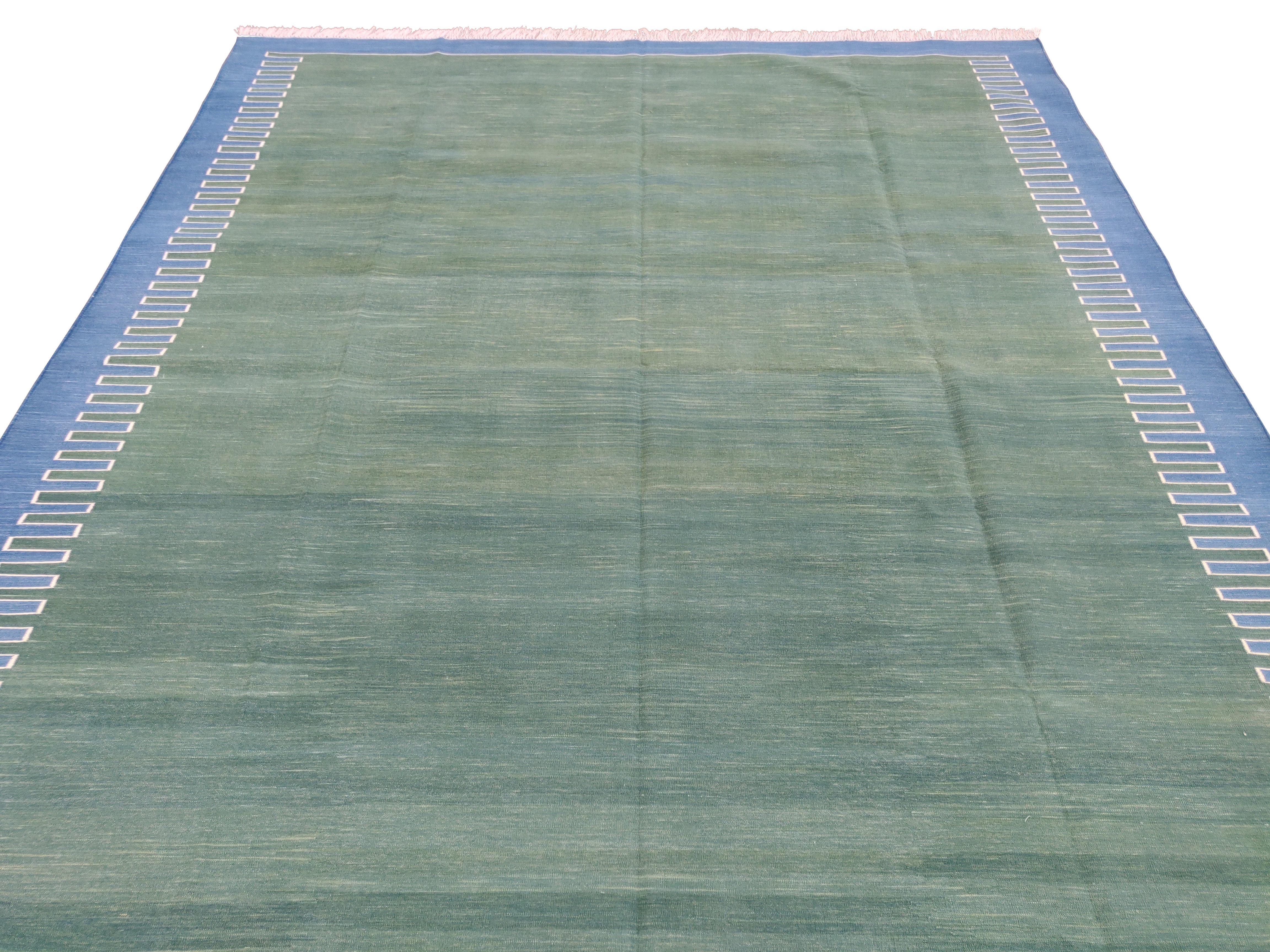 Handmade Cotton Area Flat Weave Rug, 8x10 Green And Blue Zig Zag Striped Dhurrie In New Condition For Sale In Jaipur, IN