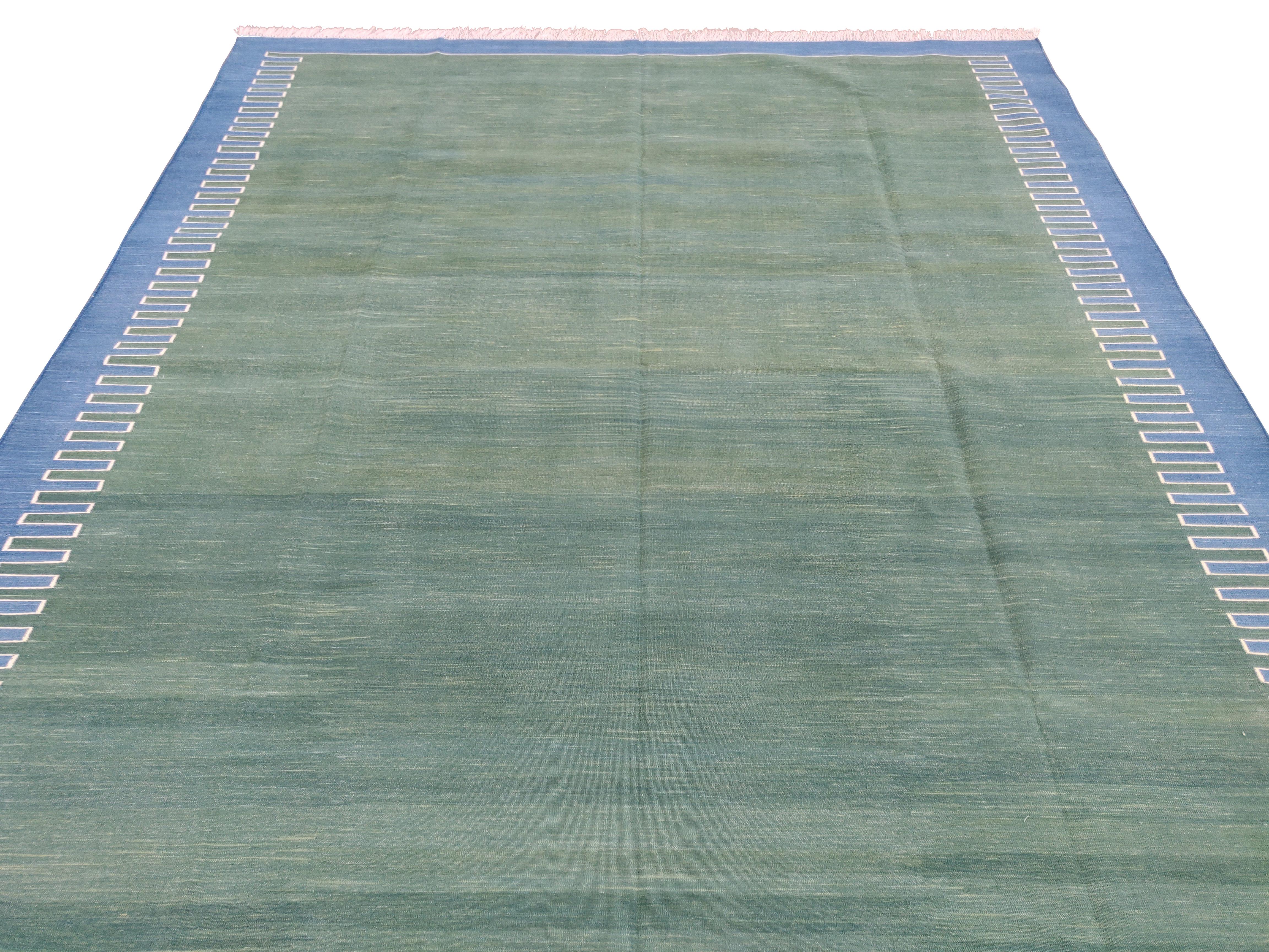Handmade Cotton Area Flat Weave Rug, 8x10 Green And Blue Zig Zag Striped Dhurrie For Sale 1
