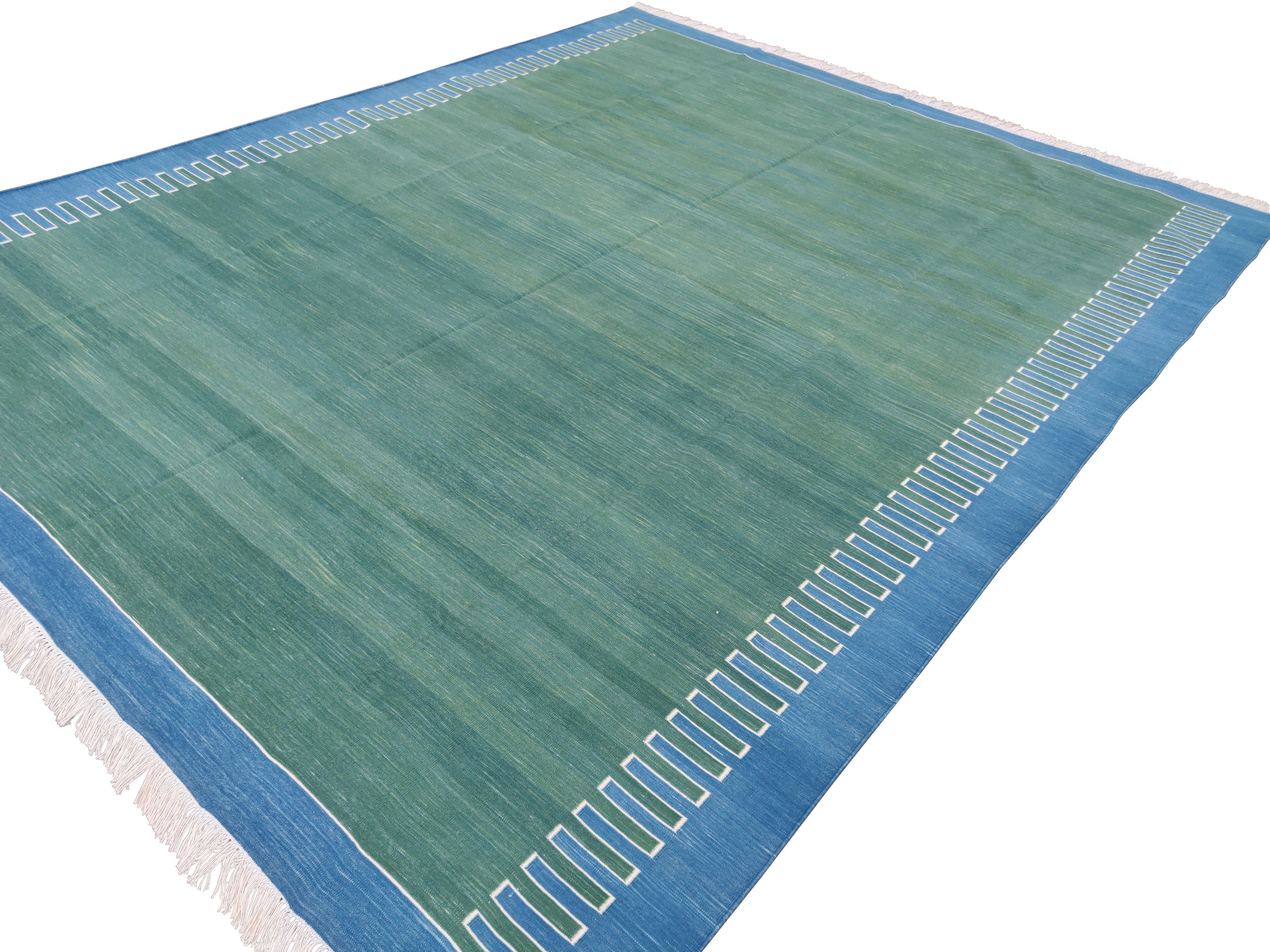 Contemporary Handmade Cotton Area Flat Weave Rug, 8x10 Green And Blue Zig Zag Striped Dhurrie For Sale