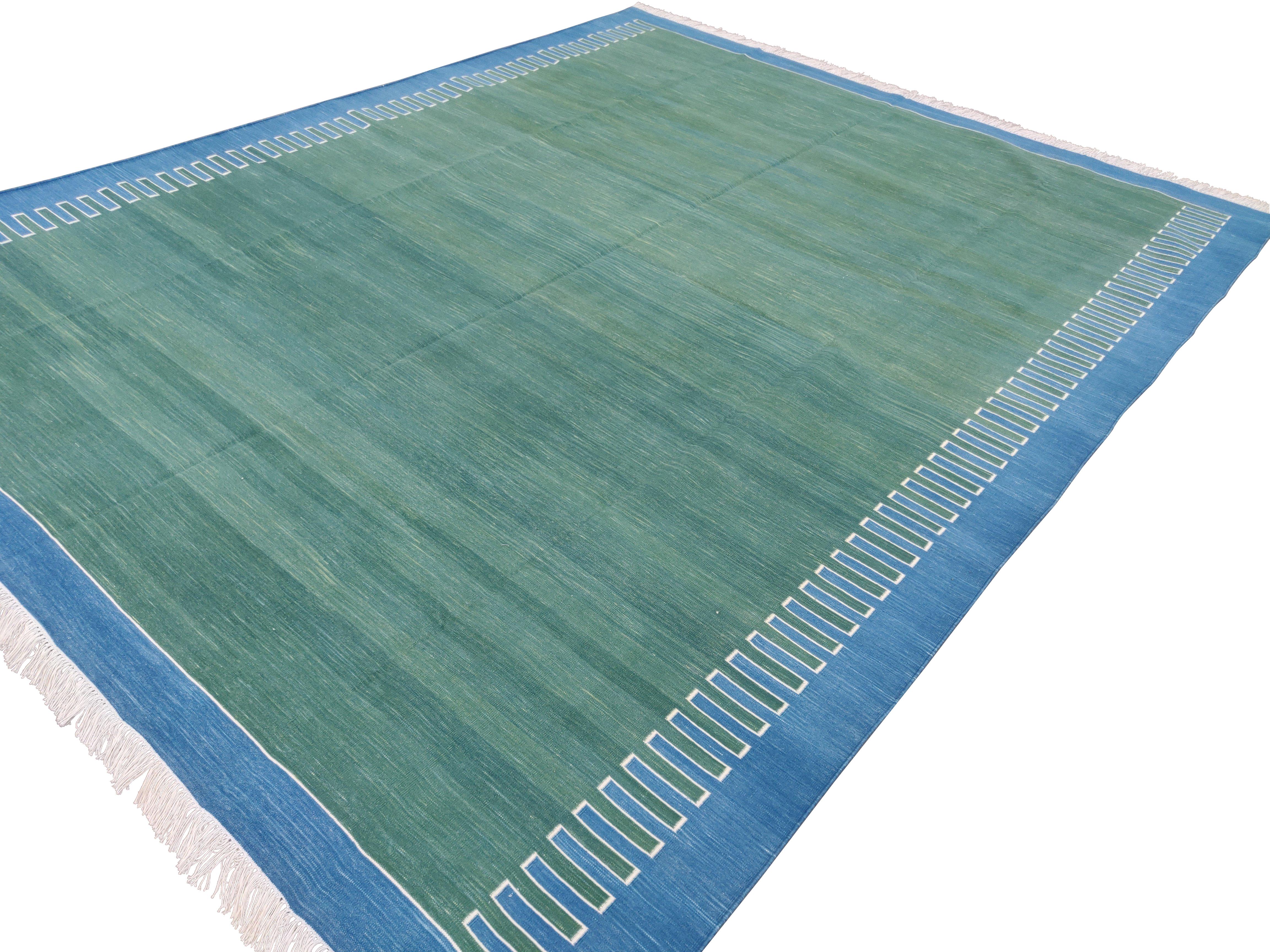 Handmade Cotton Area Flat Weave Rug, 8x10 Green And Blue Zig Zag Striped Dhurrie For Sale 2