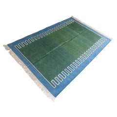 Handgemachte Baumwolle Bereich Flachgewebe Teppich, 8x10 Grün und Blau Zig Zag Gestreift Dhurrie