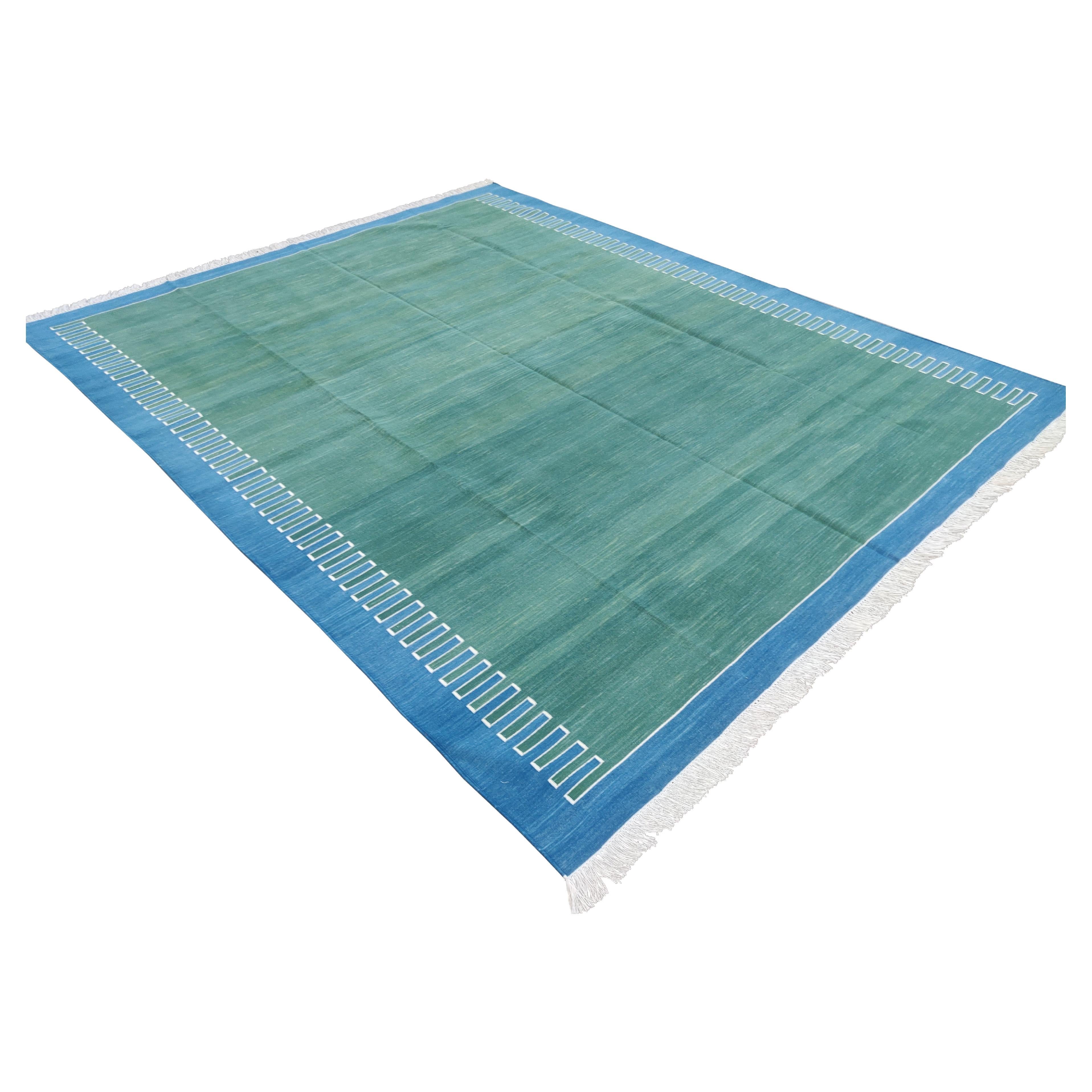 Handmade Cotton Area Flat Weave Rug, 8x10 Green And Blue Zig Zag Striped Dhurrie