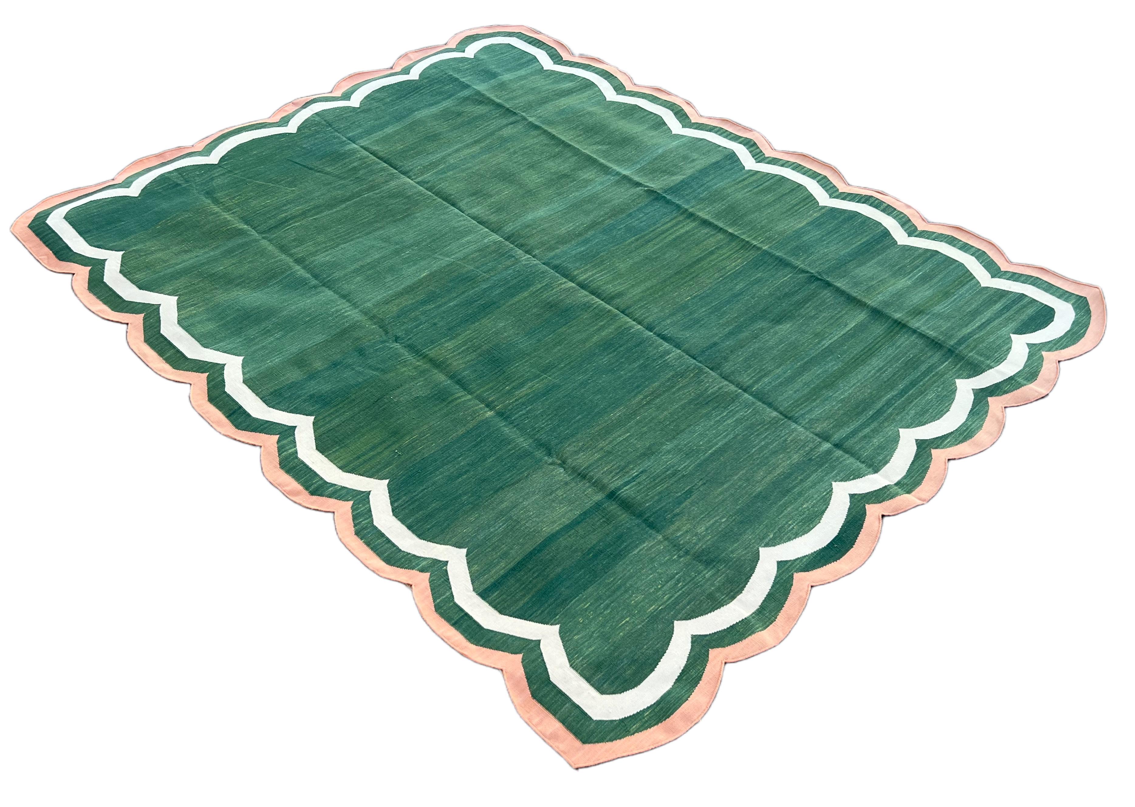 Mid-Century Modern Handmade Cotton Area Flat Weave Rug, 8x10 Green And Coral Scallop Stripe Dhurrie For Sale