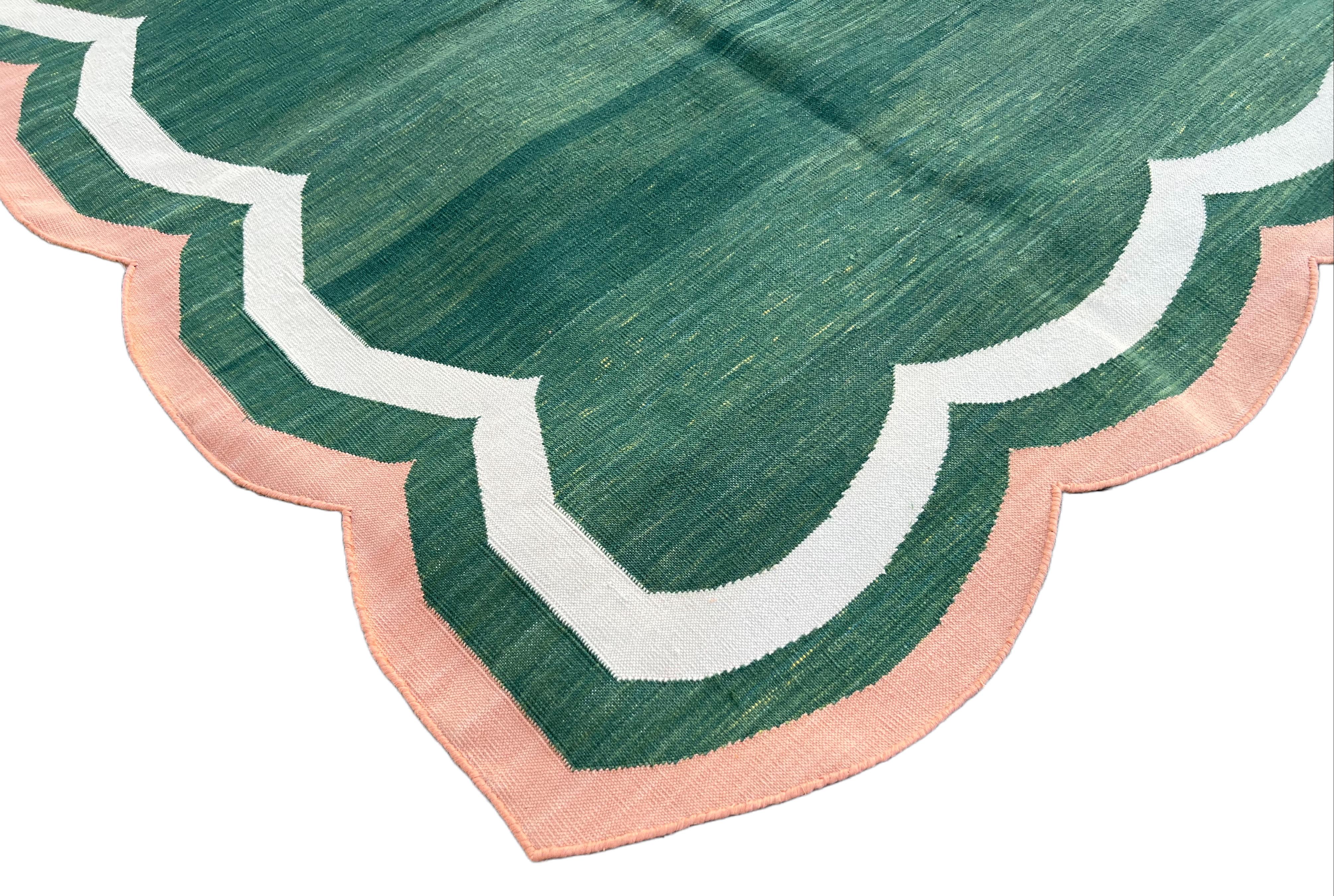 Indian Handmade Cotton Area Flat Weave Rug, 8x10 Green And Coral Scallop Stripe Dhurrie For Sale