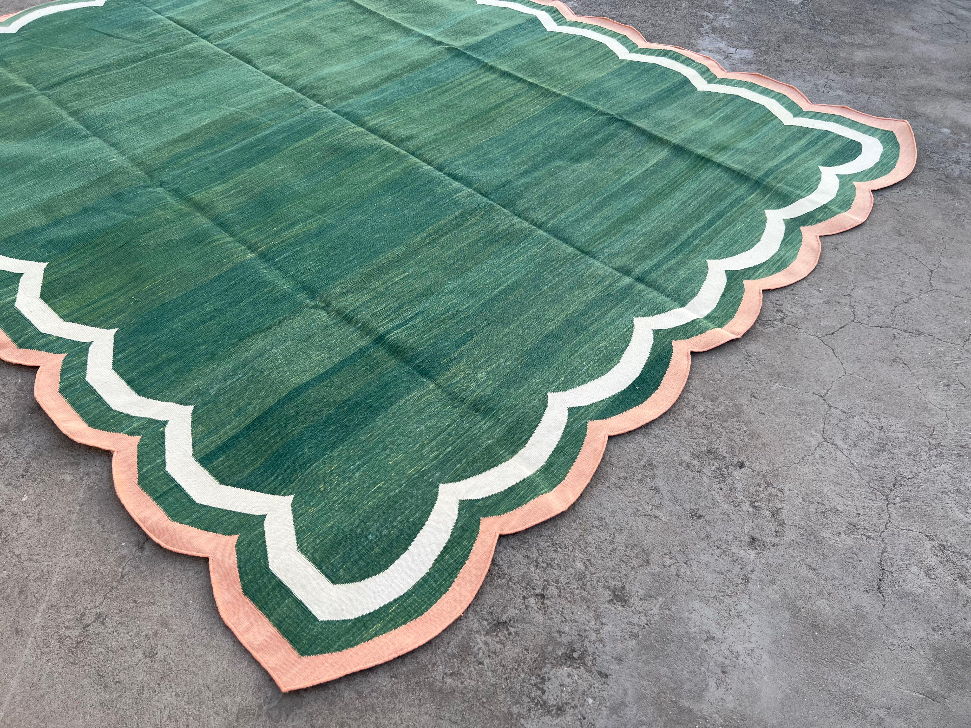 Hand-Woven Handmade Cotton Area Flat Weave Rug, 8x10 Green And Coral Scallop Stripe Dhurrie For Sale