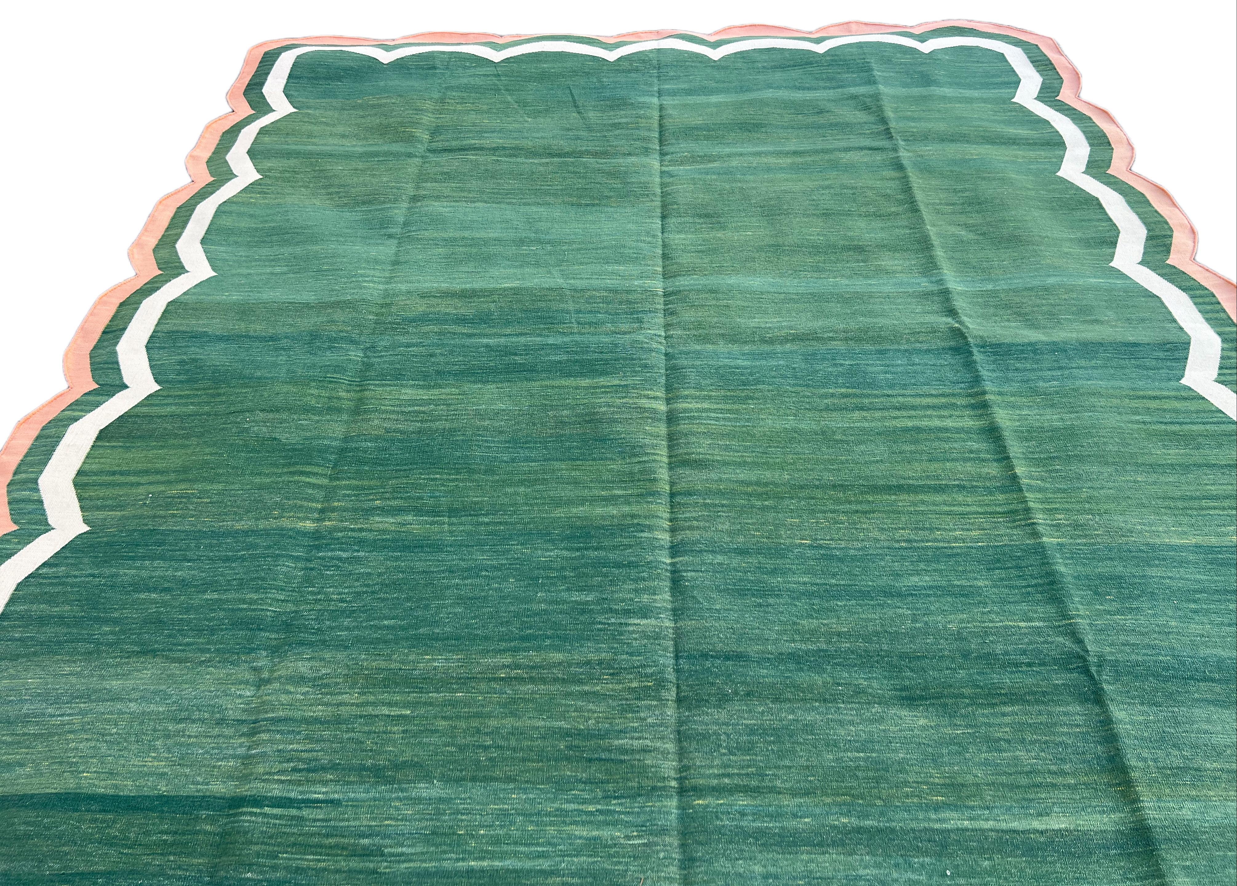 Handmade Cotton Area Flat Weave Rug, 8x10 Green And Coral Scallop Stripe Dhurrie In New Condition For Sale In Jaipur, IN