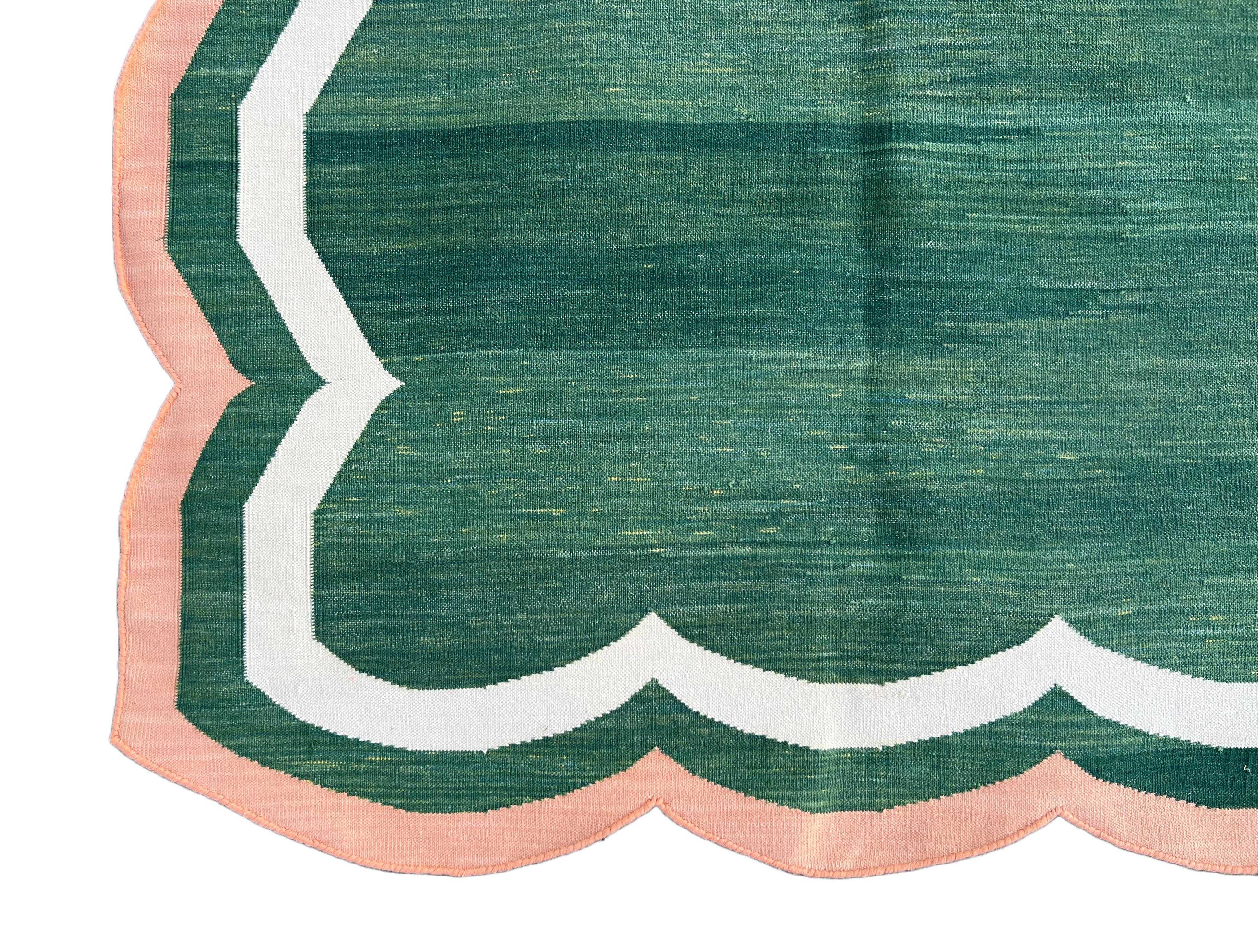 Contemporary Handmade Cotton Area Flat Weave Rug, 8x10 Green And Coral Scallop Stripe Dhurrie For Sale