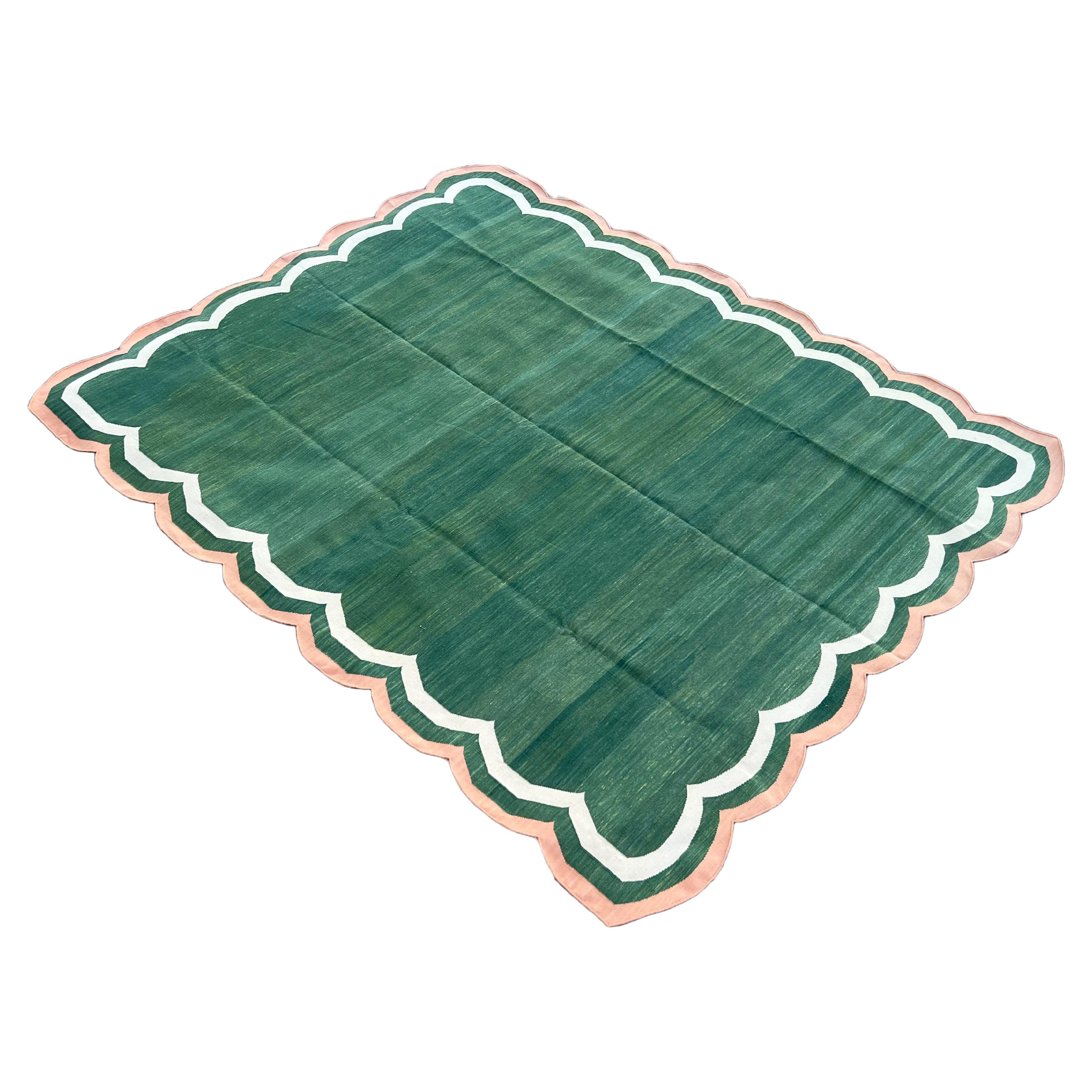 Handmade Cotton Area Flat Weave Rug, 8x10 Green And Coral Scallop Stripe Dhurrie For Sale
