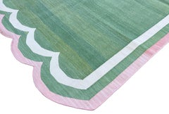 Handmade Cotton Area Flat Weave Rug, 8x10 Green And Pink Scallop Indian Dhurrie