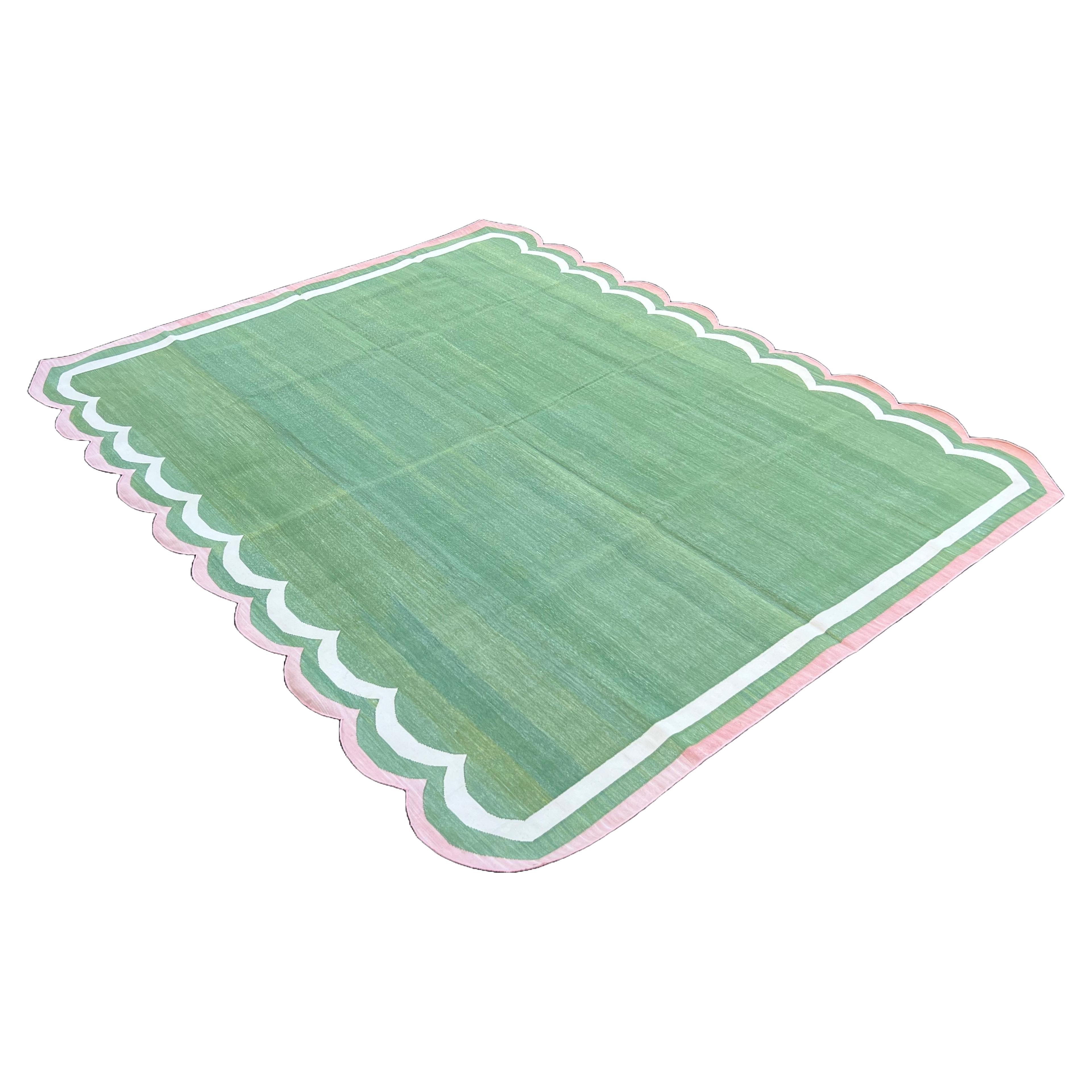 Handmade Cotton Area Flat Weave Rug, 8x10 Green And Pink Scallop Indian Dhurrie