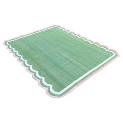 Handmade Cotton Area Flat Weave Rug, 8x10 Green And Pink Scallop Indian Dhurrie
