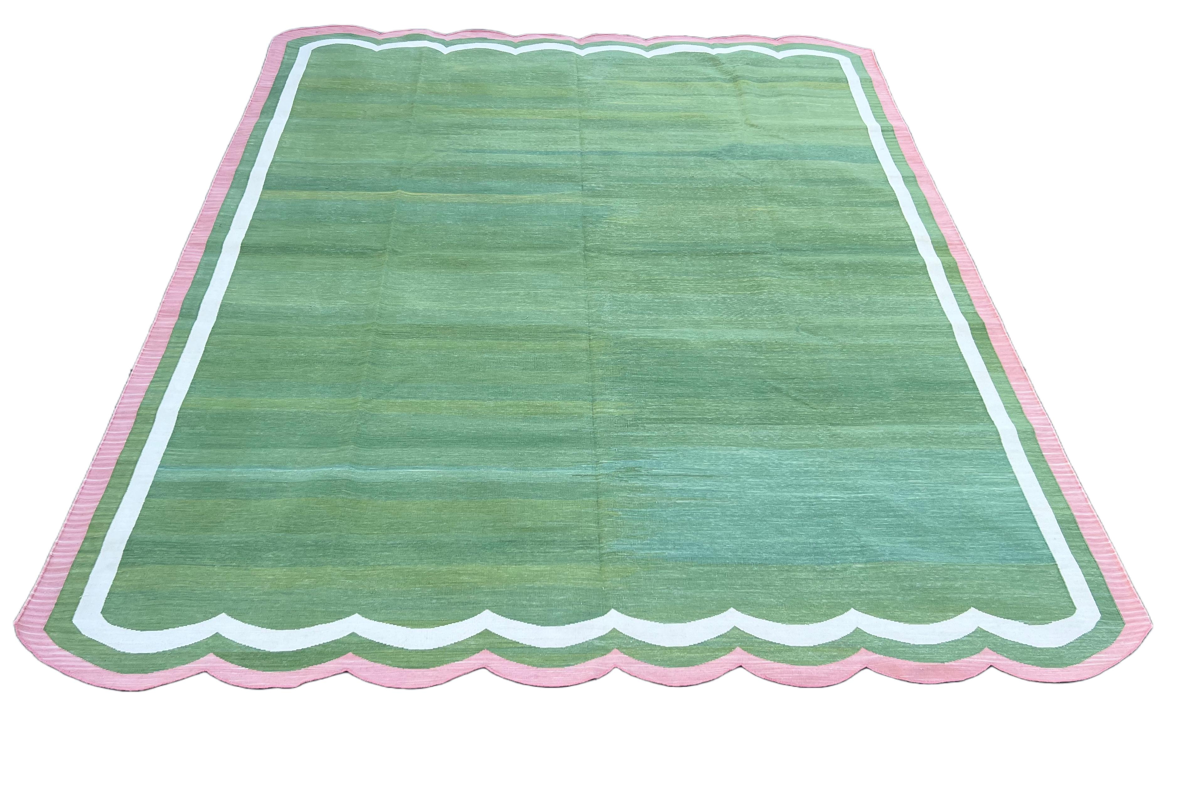 Handmade Cotton Area Flat Weave Rug, 8x10 Green And Pink Scallop Striped Dhurrie For Sale 3