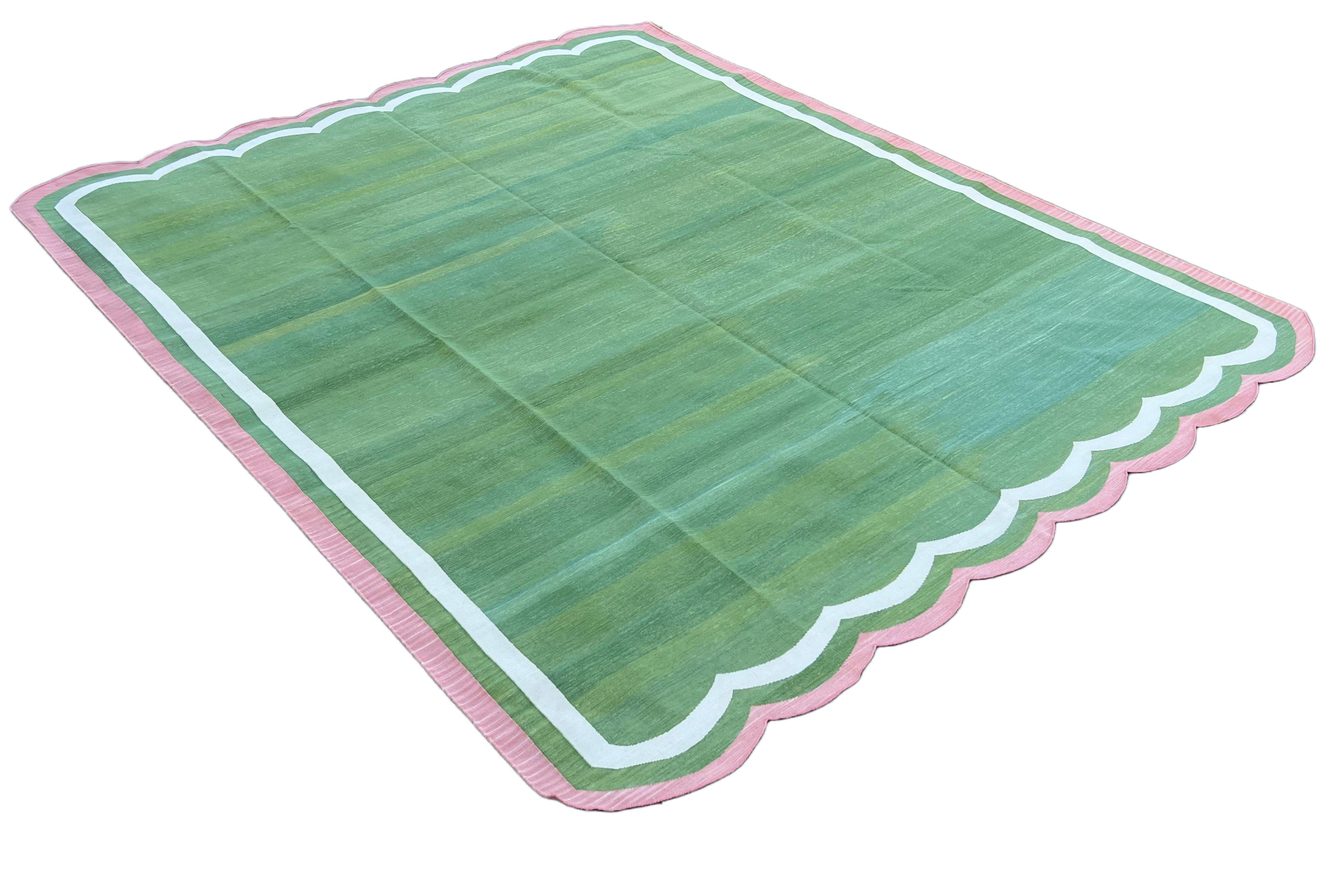 Handmade Cotton Area Flat Weave Rug, 8x10 Green And Pink Scallop Striped Dhurrie For Sale 4