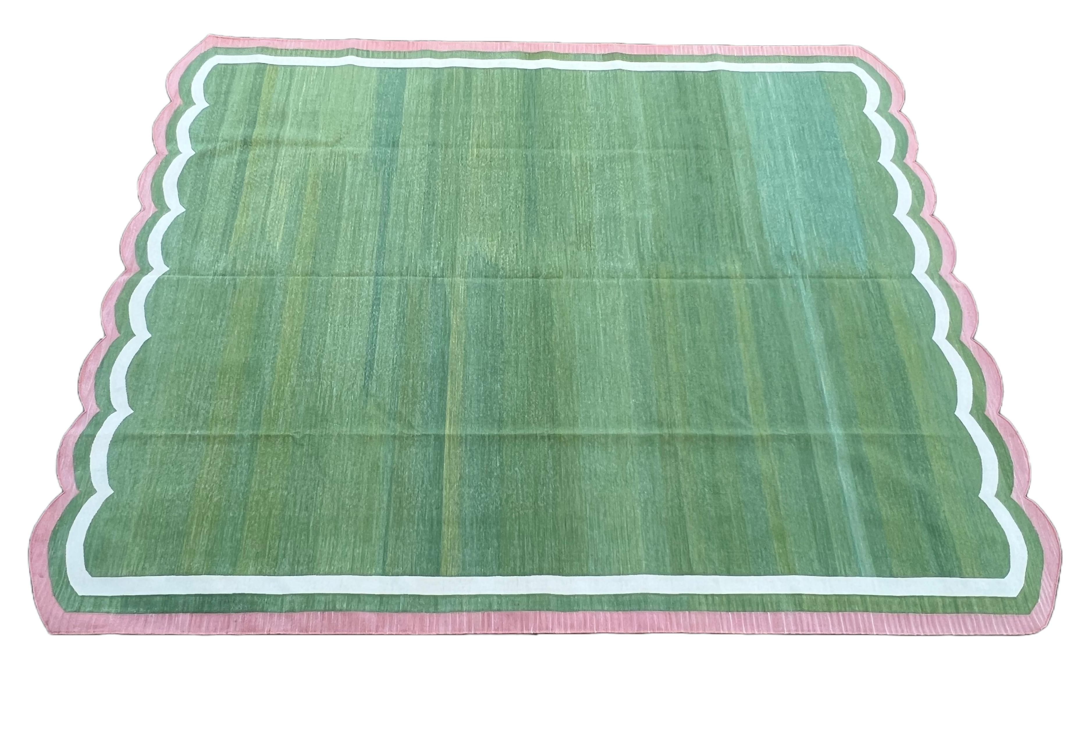 Mid-Century Modern Handmade Cotton Area Flat Weave Rug, 8x10 Green And Pink Scallop Striped Dhurrie For Sale