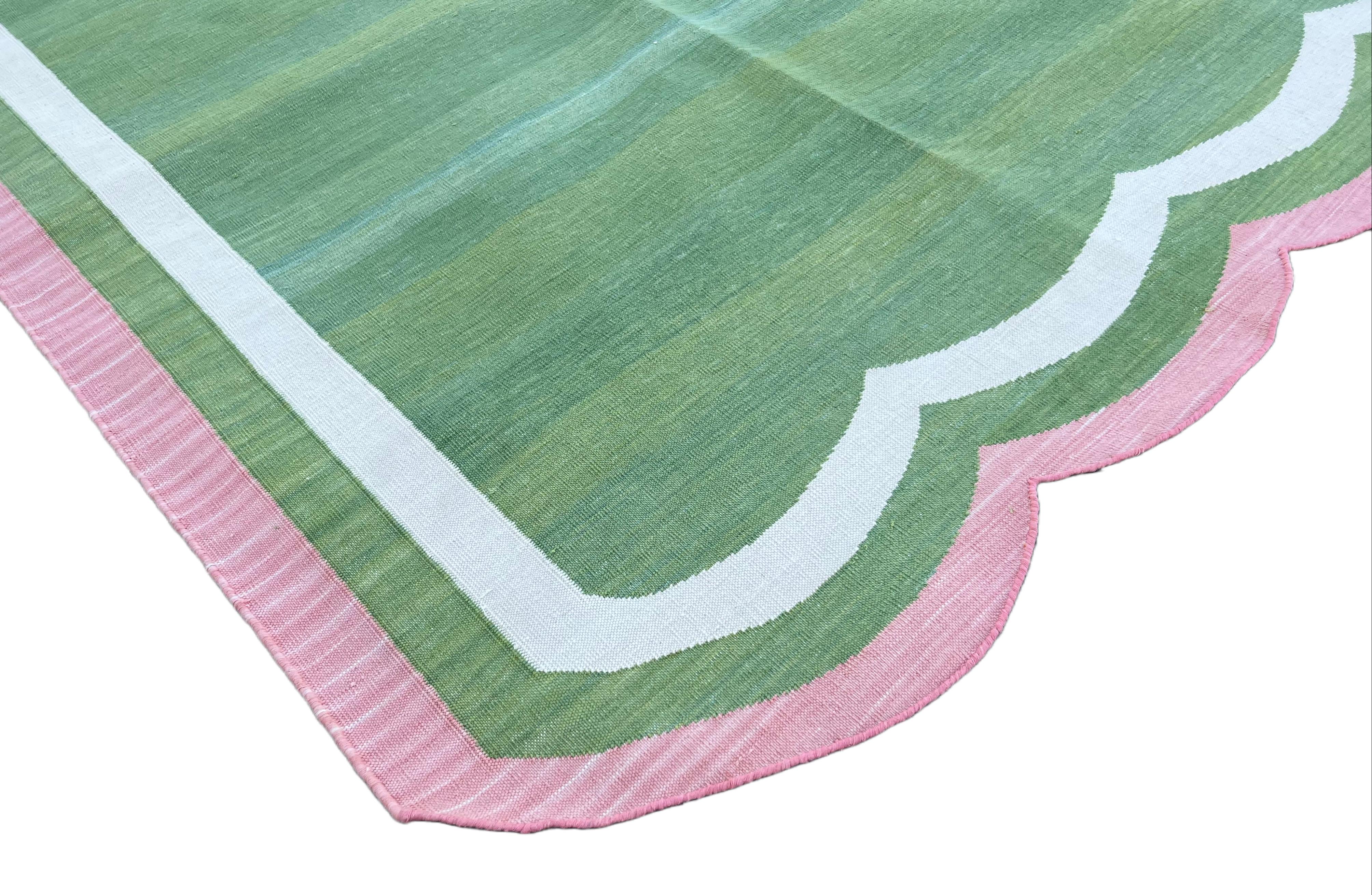 Indian Handmade Cotton Area Flat Weave Rug, 8x10 Green And Pink Scallop Striped Dhurrie For Sale