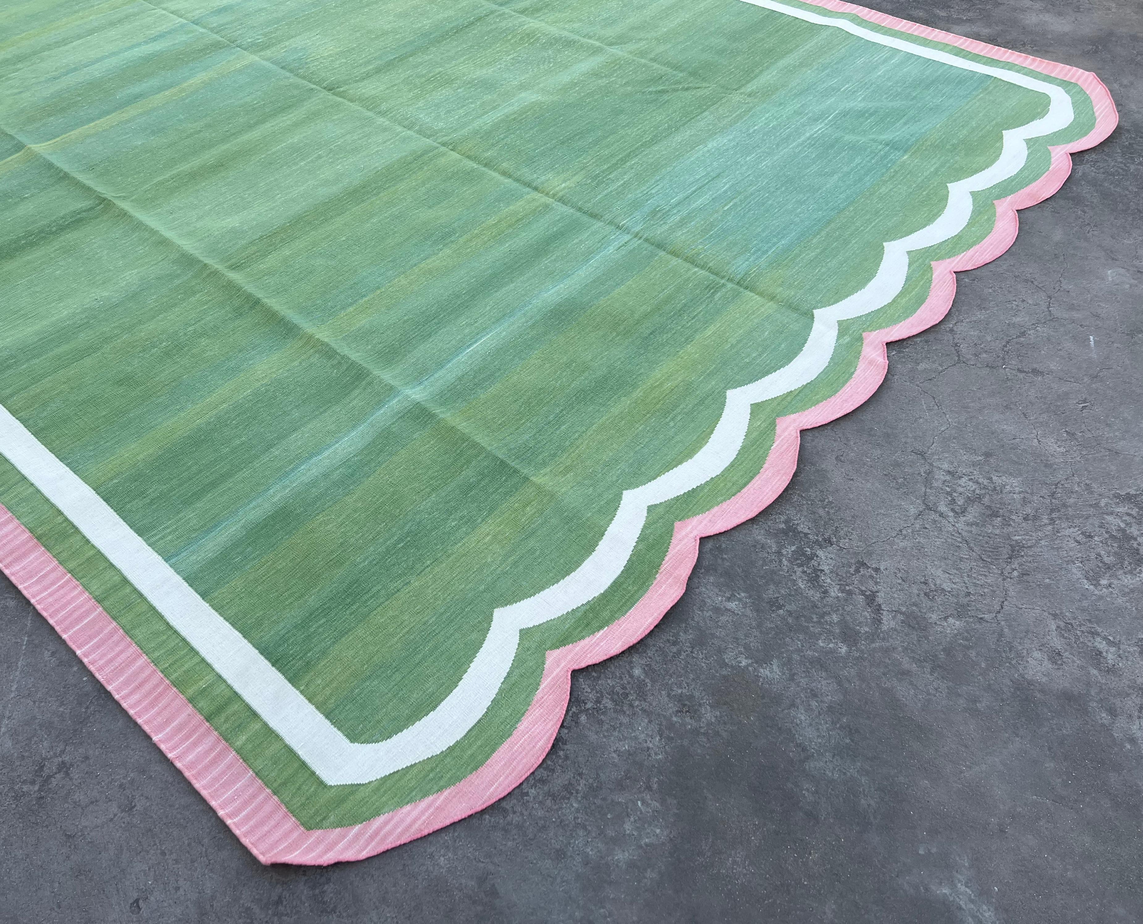 Hand-Woven Handmade Cotton Area Flat Weave Rug, 8x10 Green And Pink Scallop Striped Dhurrie For Sale