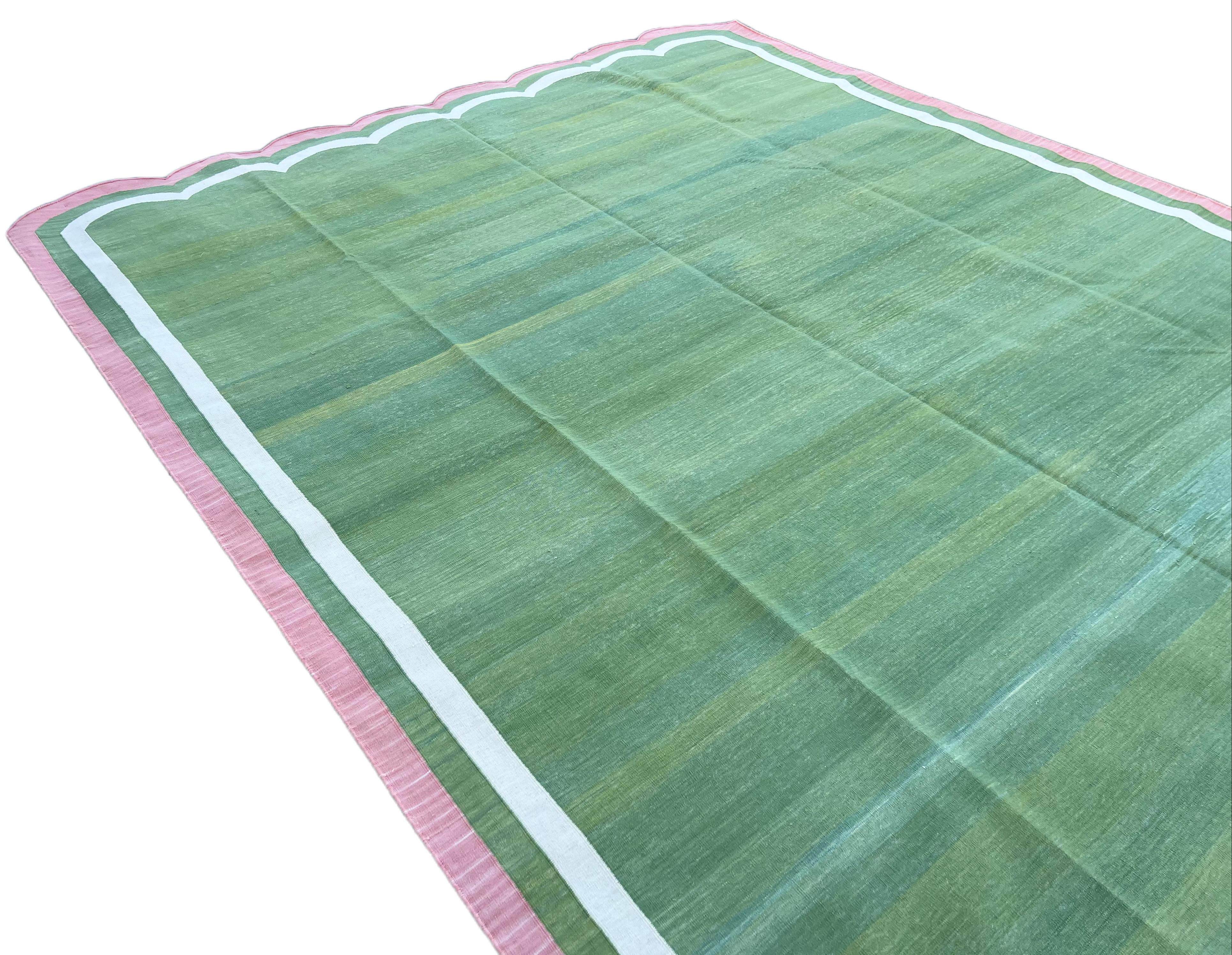 Handmade Cotton Area Flat Weave Rug, 8x10 Green And Pink Scallop Striped Dhurrie In New Condition For Sale In Jaipur, IN