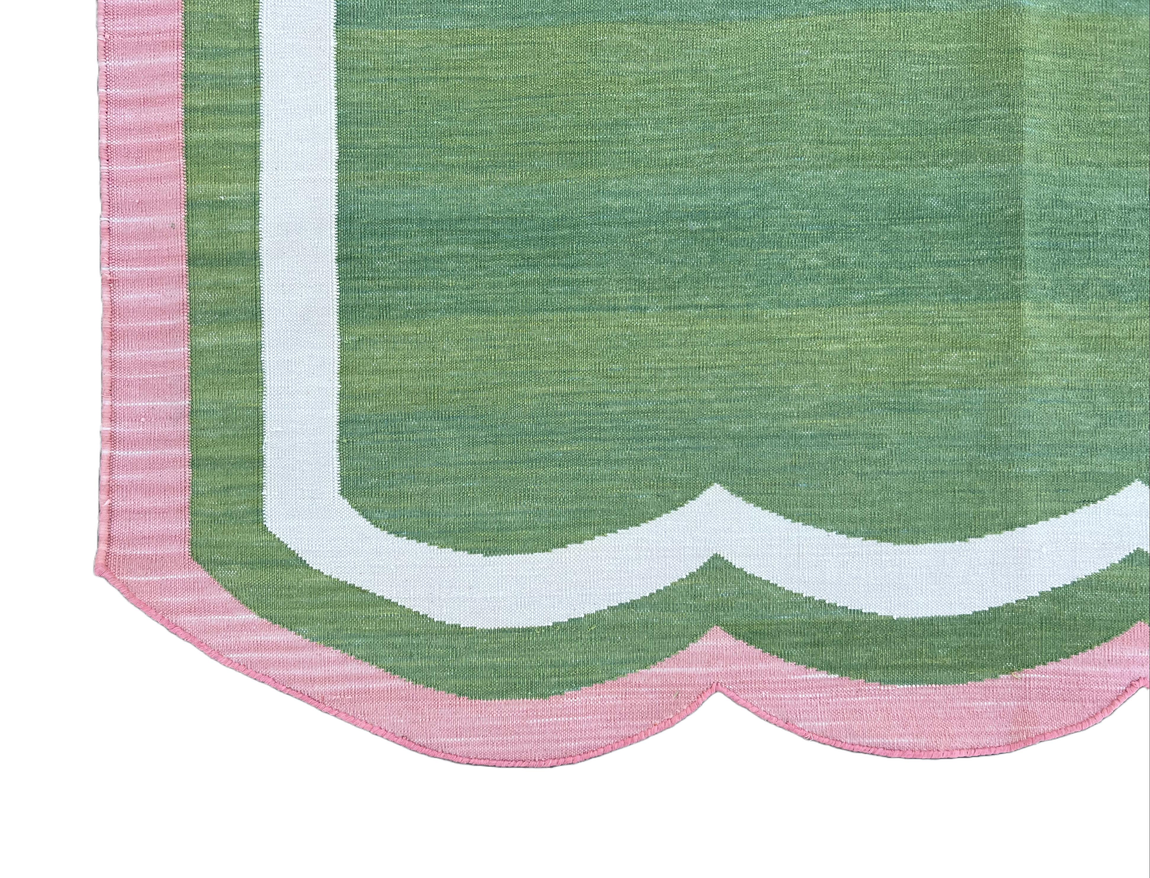 Handmade Cotton Area Flat Weave Rug, 8x10 Green And Pink Scallop Striped Dhurrie For Sale 1