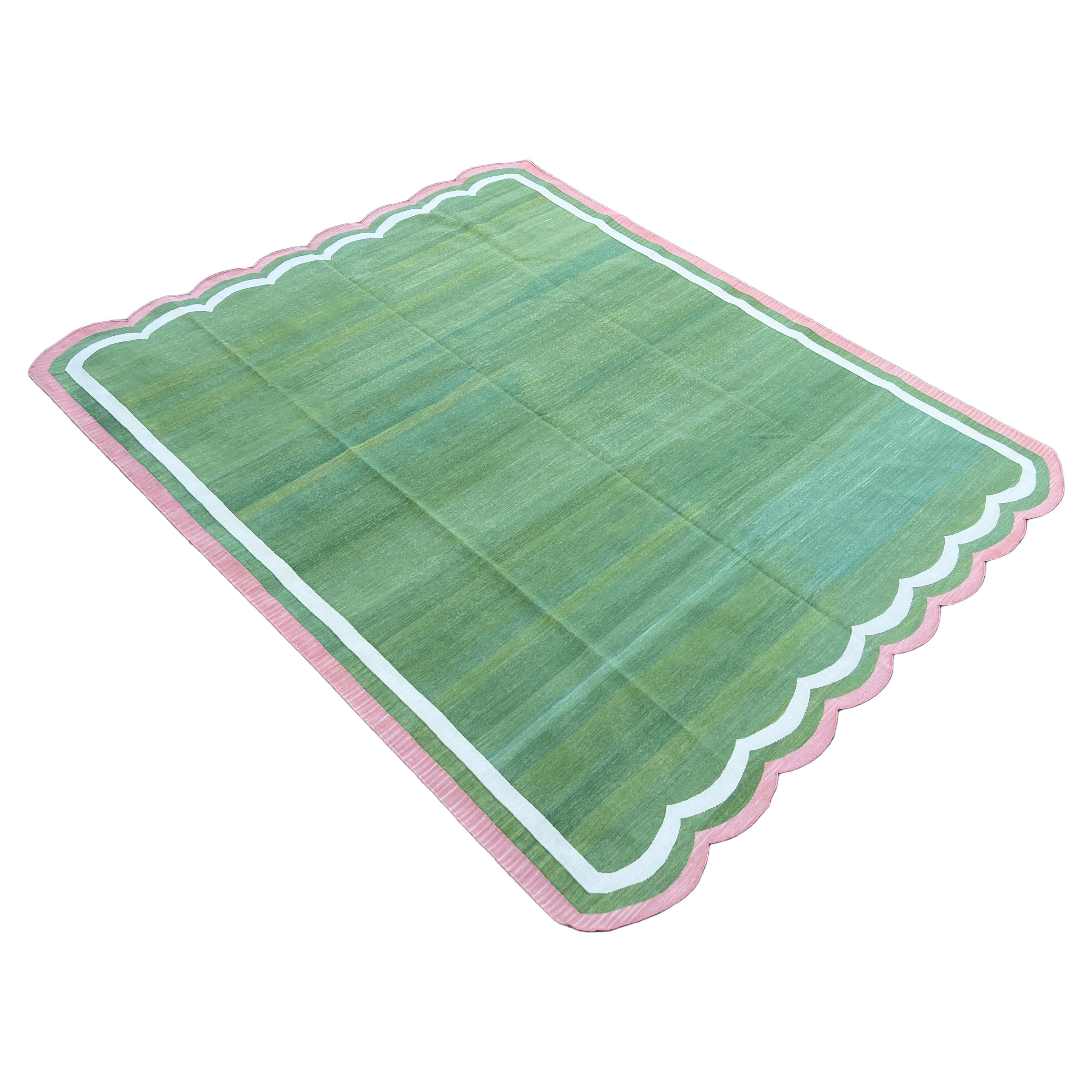 Handmade Cotton Area Flat Weave Rug, 8x10 Green And Pink Scallop Striped Dhurrie For Sale