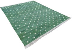 Handmade Cotton Area Flat Weave Rug, 8x10 Green And White Diamond Indian Dhurrie