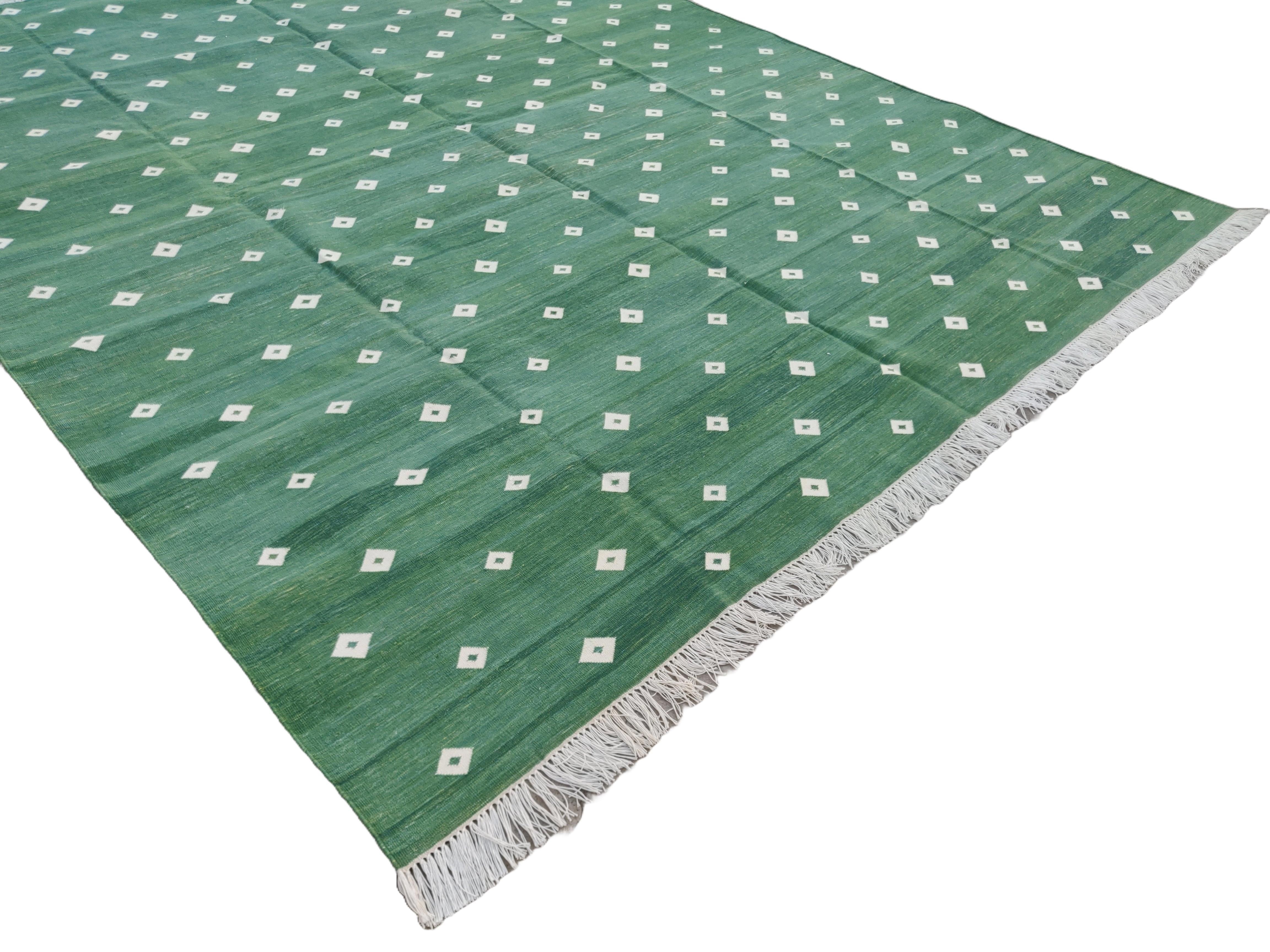 Hand-Woven Handmade Cotton Area Flat Weave Rug, 8x10 Green And White Diamond Indian Dhurrie For Sale