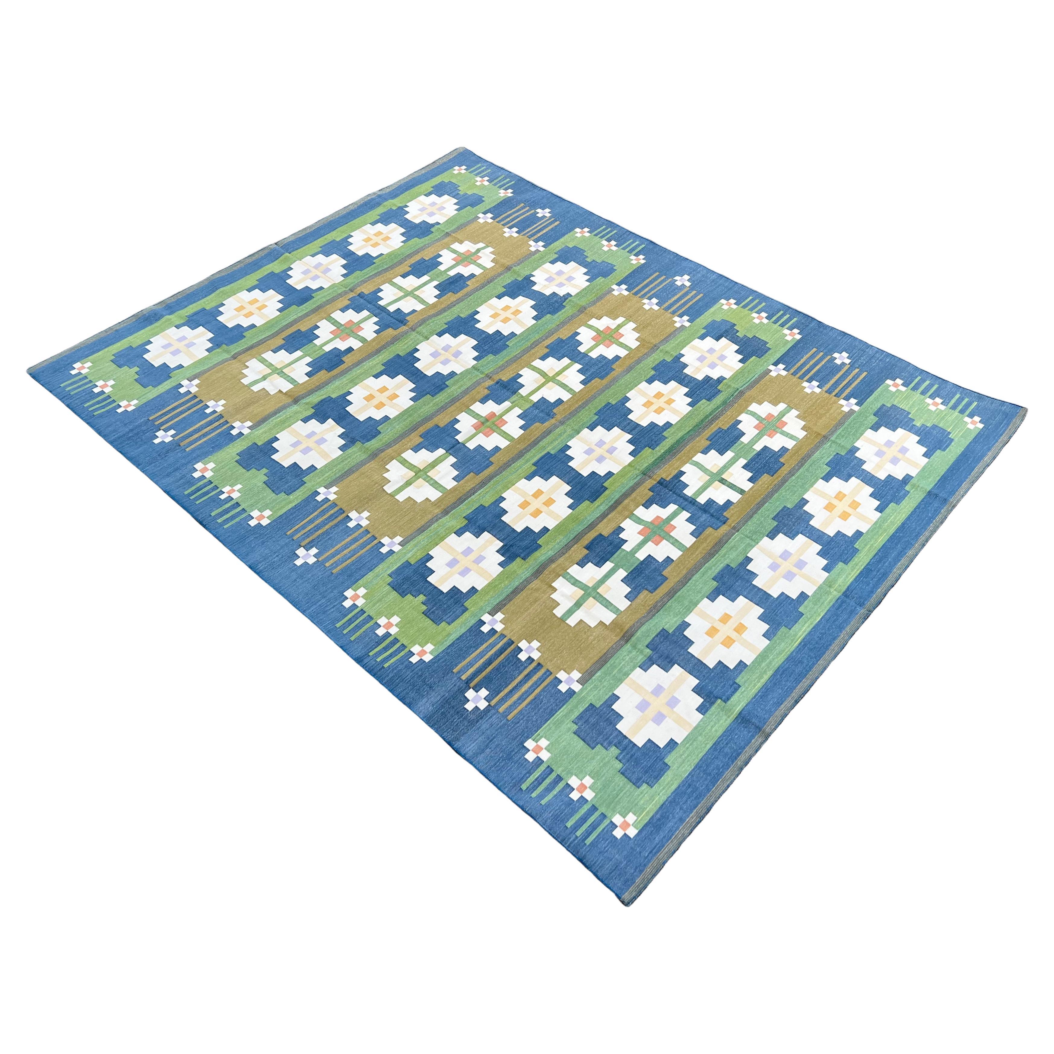 Handmade Cotton Area Flat Weave Rug, 8x10 Green, Blue Geometric Indian Dhurrie