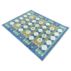 Handmade Cotton Area Flat Weave Rug, 8x10 Green, Blue Geometric Indian Dhurrie