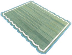 Handmade Cotton Area Flat Weave Rug, 8x10 Green, Blue Scalloped Indian Dhurrie