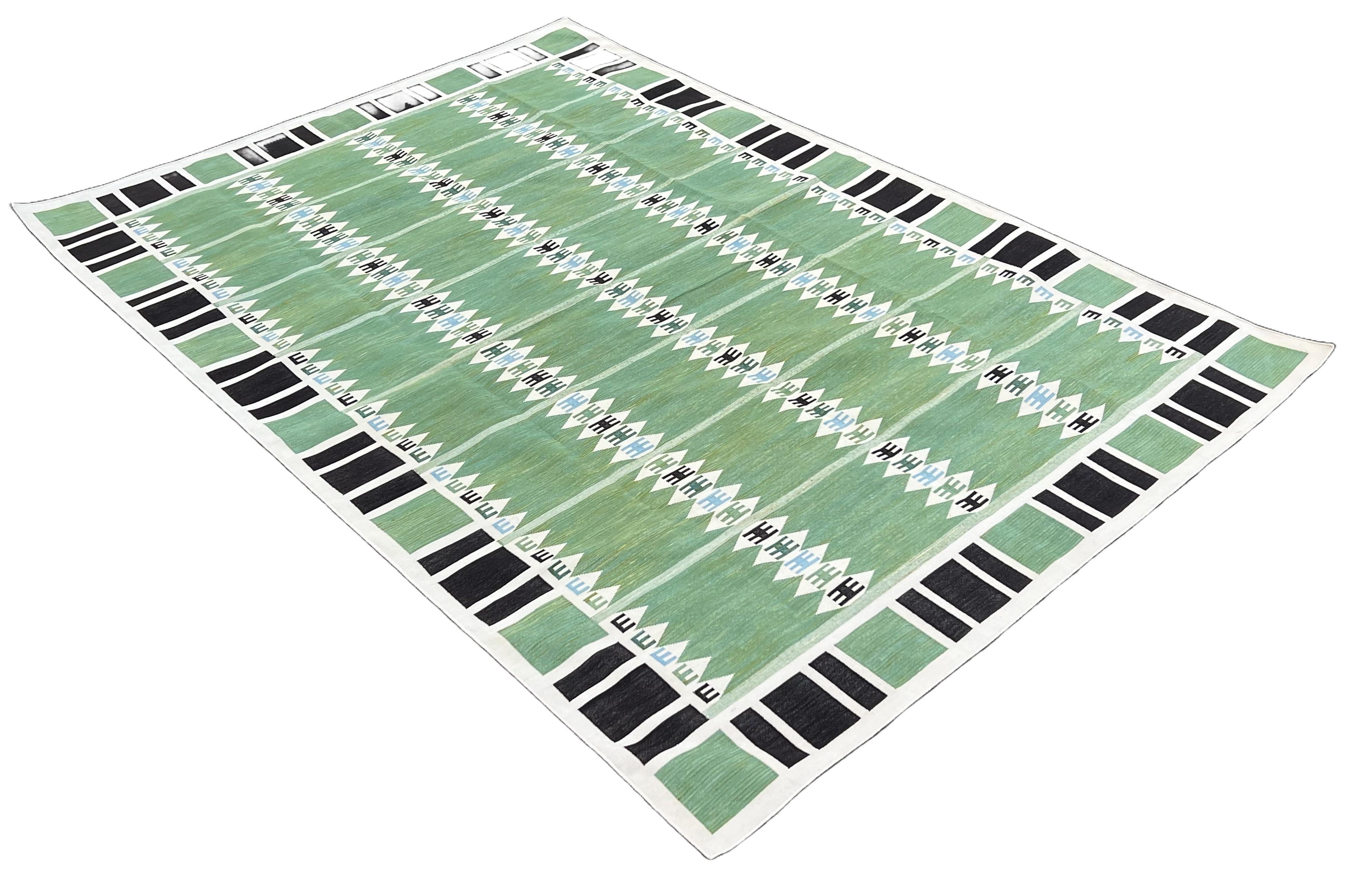 Mid-Century Modern Handmade Cotton Area Flat Weave Rug, 8x10 Green, Cream Geometric Indian Dhurrie For Sale