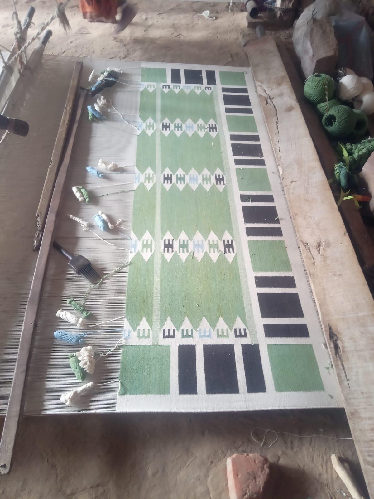 Handmade Cotton Area Flat Weave Rug, 8x10 Green, Cream Geometric Indian Dhurrie For Sale 1