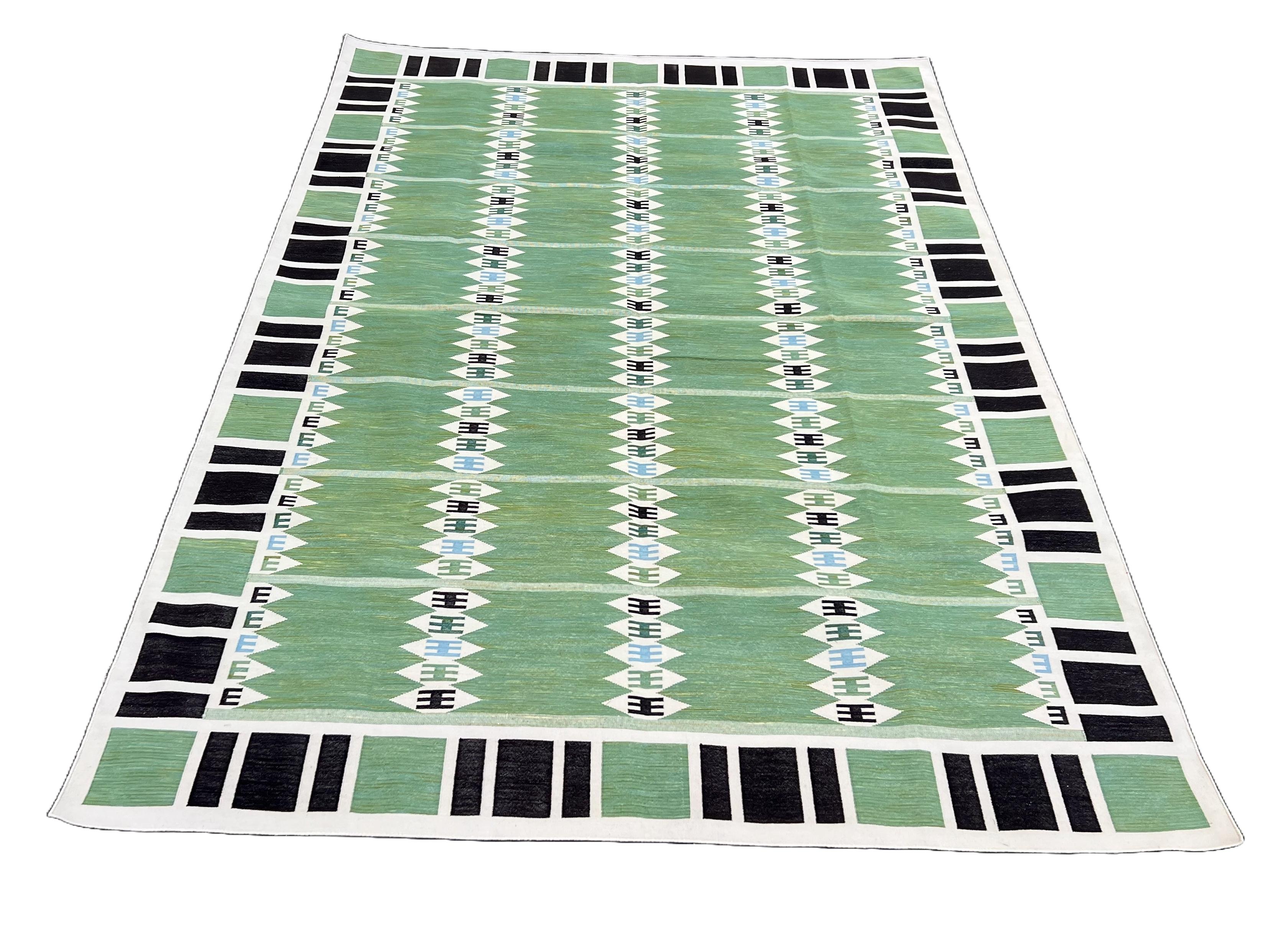 Handmade Cotton Area Flat Weave Rug, 8x10 Green, Cream Geometric Indian Dhurrie For Sale 2