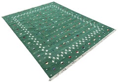Handmade Cotton Area Flat Weave Rug, 8x10 Green Indian Shooting Star Dhurrie Rug
