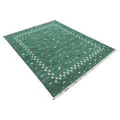Handmade Cotton Area Flat Weave Rug, 8x10 Green Indian Shooting Star Dhurrie Rug