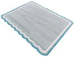 Handmade Cotton Area Flat Weave Rug, 8x10 Grey And Blue Scalloped Indian Dhurrie