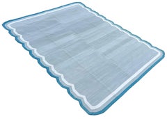 Tappeto a tessitura piatta in cotone fatto a mano, 8x10 Grigio e blu con smerlatura indiana Dhurrie