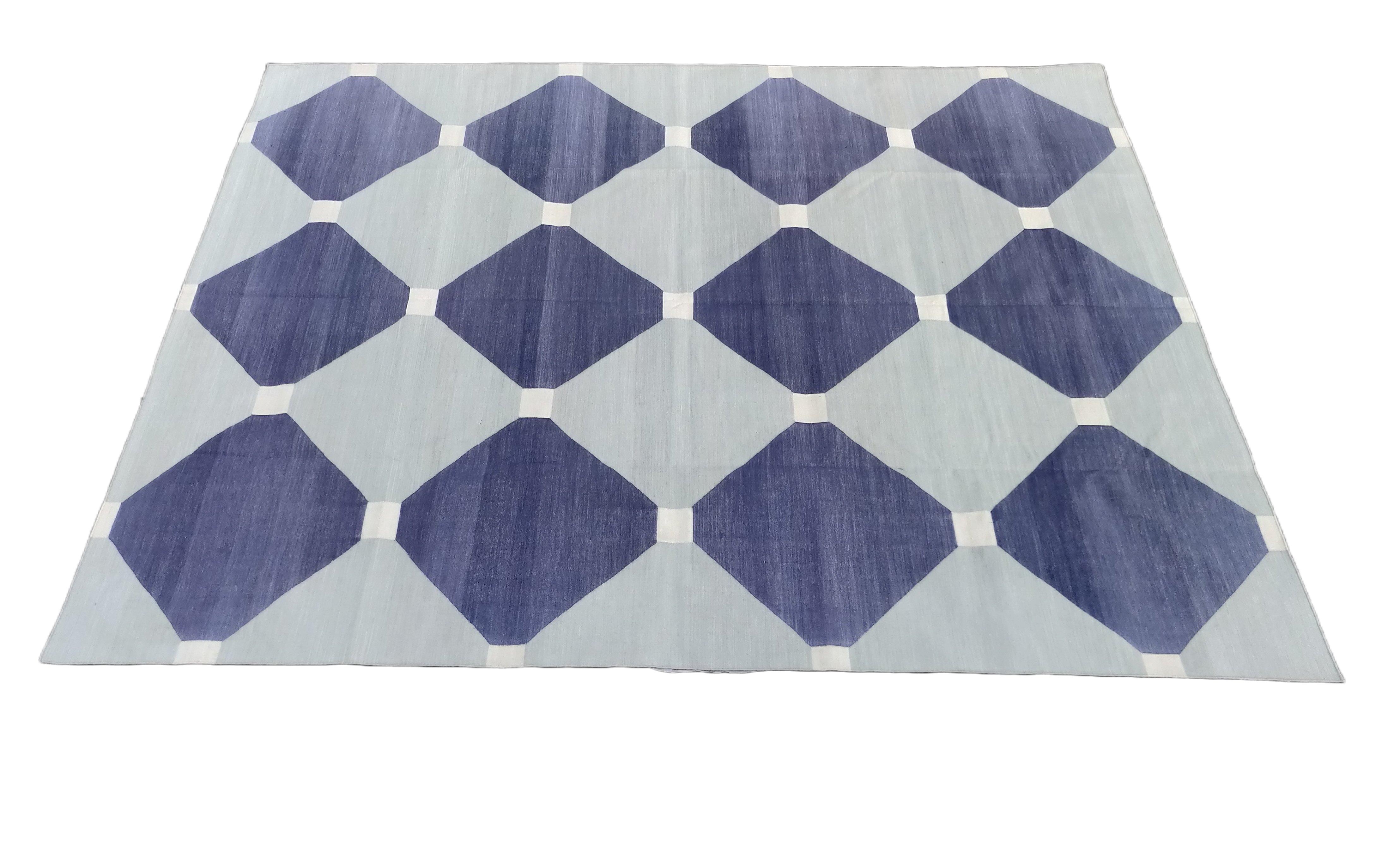 Mid-Century Modern Handmade Cotton Area Flat Weave Rug, 8x10 Grey And Blue Tile Indian Dhurrie Rug For Sale