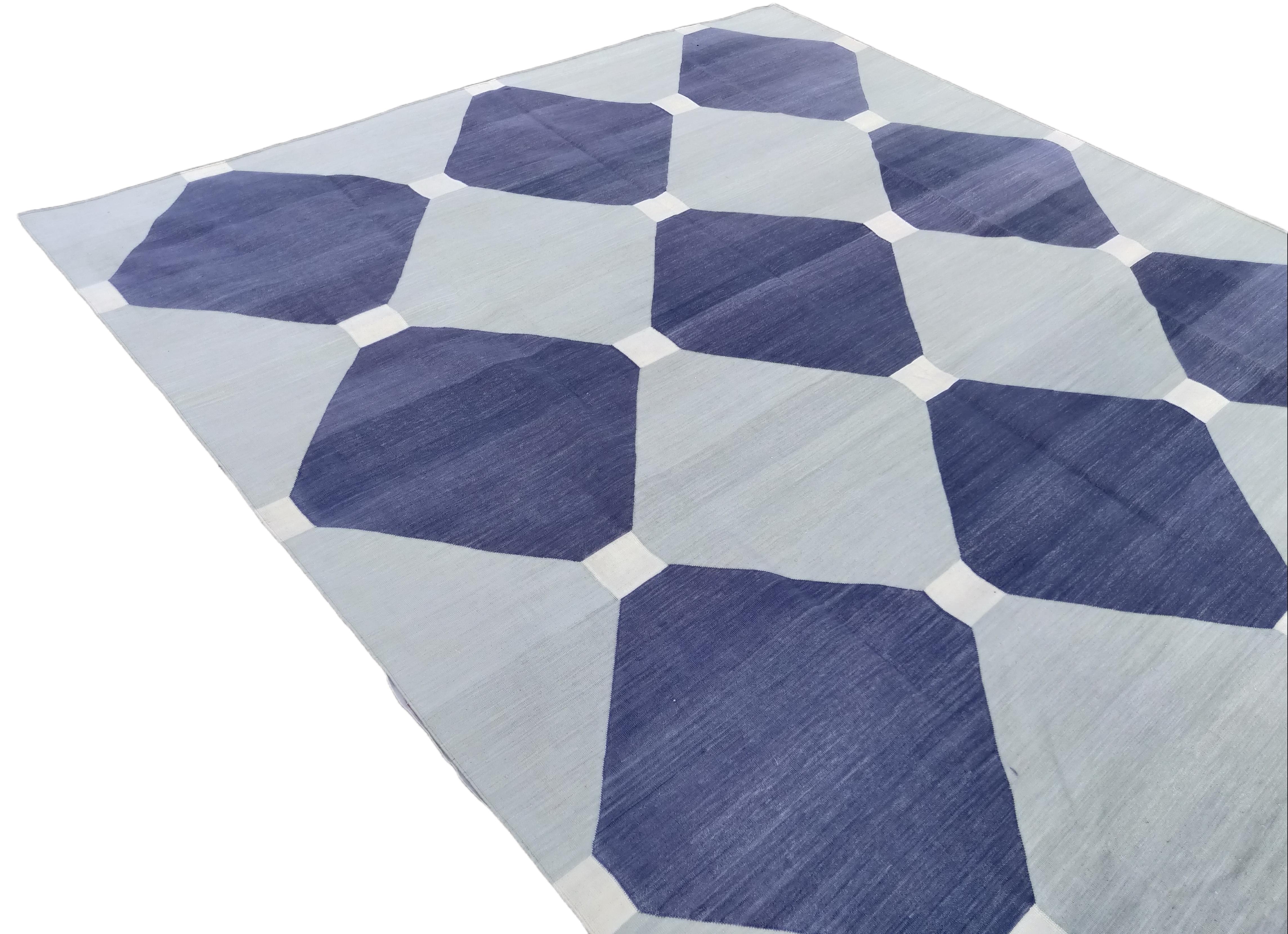 Indiano Tappeto a tessitura piatta in cotone fatto a mano, 8x10 Tappeto indiano Dhurrie a piastrelle grigie e blu in vendita