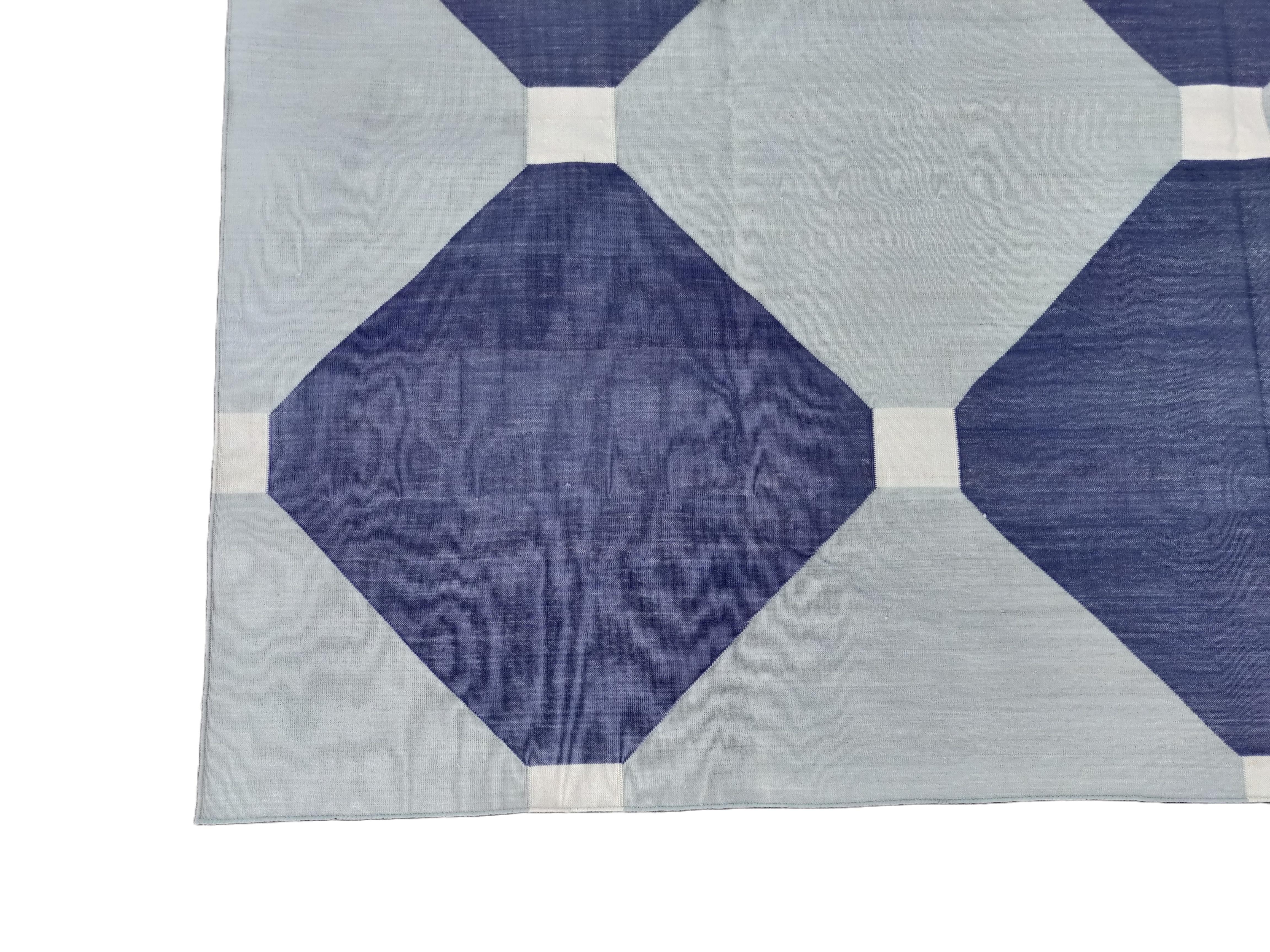 Contemporary Handmade Cotton Area Flat Weave Rug, 8x10 Grey And Blue Tile Indian Dhurrie Rug For Sale