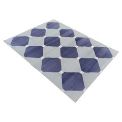 Handgefertigter Flachgeweber Baumwollteppich, 8x10 Grauer und blauer indischer Dhurrie-Teppich mit Kacheln