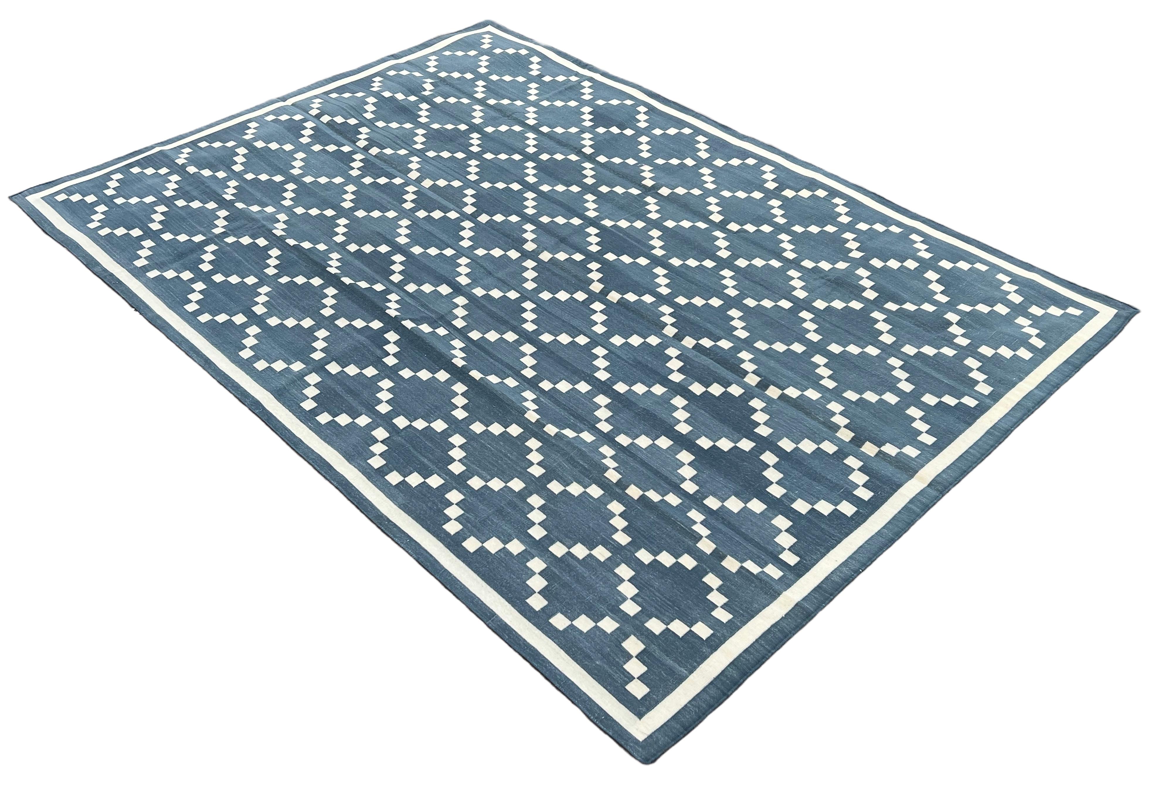 Handmade Cotton Natural Vegetable Dyed Rug, Grey And Cream Diamond Indian Dhurrie- 8'x10'
These special flat-weave dhurries are hand-woven with 15 ply 100% cotton yarn. Due to the special manufacturing techniques used to create our rugs, the size