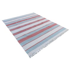Handmade Cotton Area Flat Weave Rug, 8x10 Grey And Red Striped Indian Dhurrie