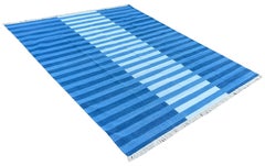 Handmade Cotton Area Flat Weave Rug, 8x10 Indigo Blue Striped Indian Dhurrie Rug