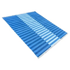 Handmade Cotton Area Flat Weave Rug, 8x10 Indigo Blue Striped Indian Dhurrie Rug