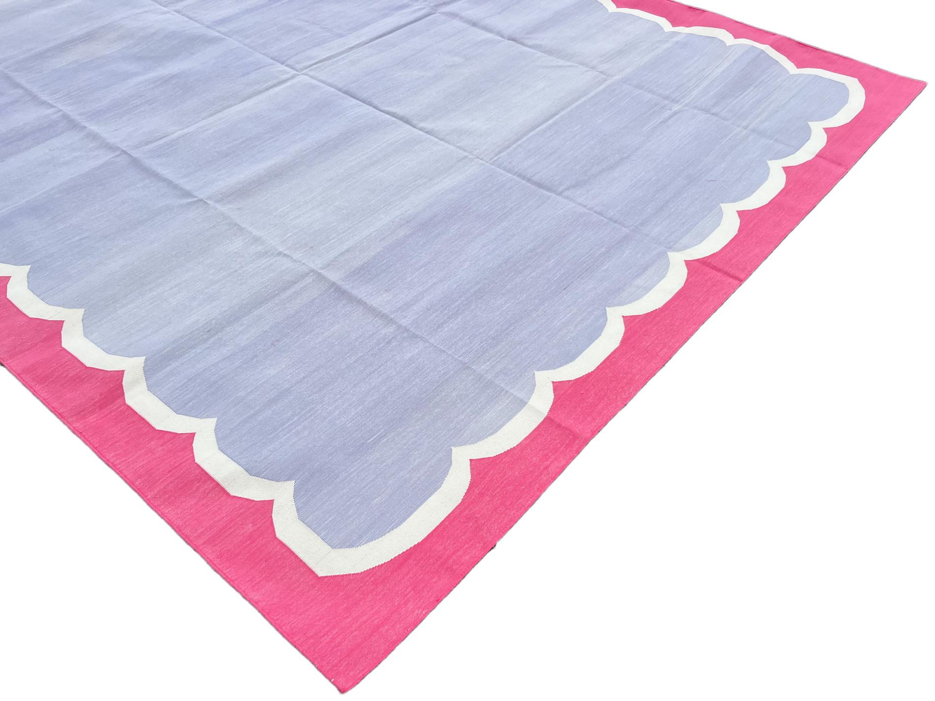 Hand-Woven Handmade Cotton Area Flat Weave Rug, 8x10 Lavender, Pink Scallop Indian Dhurrie For Sale