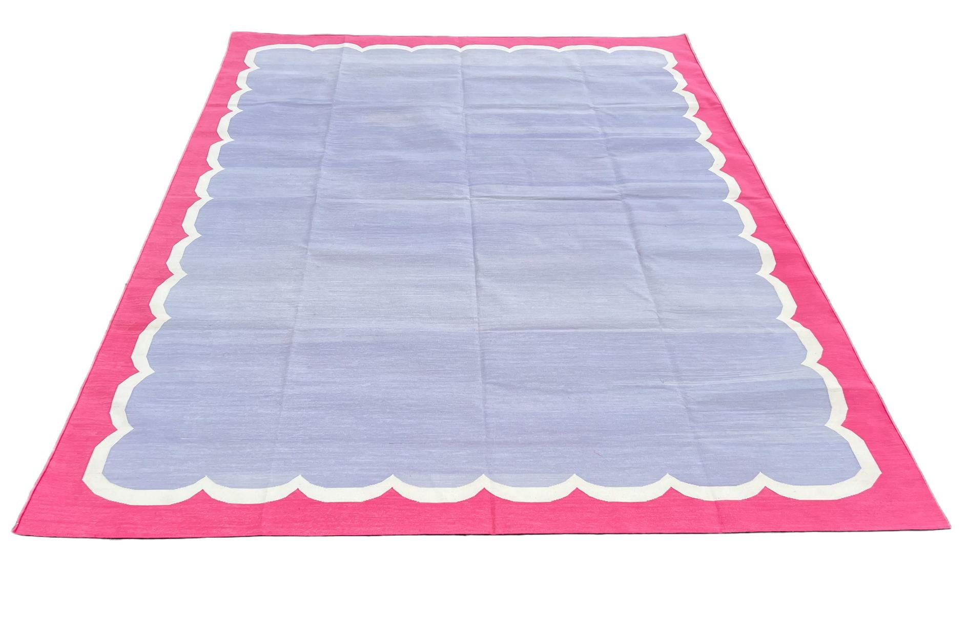 Contemporary Handmade Cotton Area Flat Weave Rug, 8x10 Lavender, Pink Scallop Indian Dhurrie For Sale