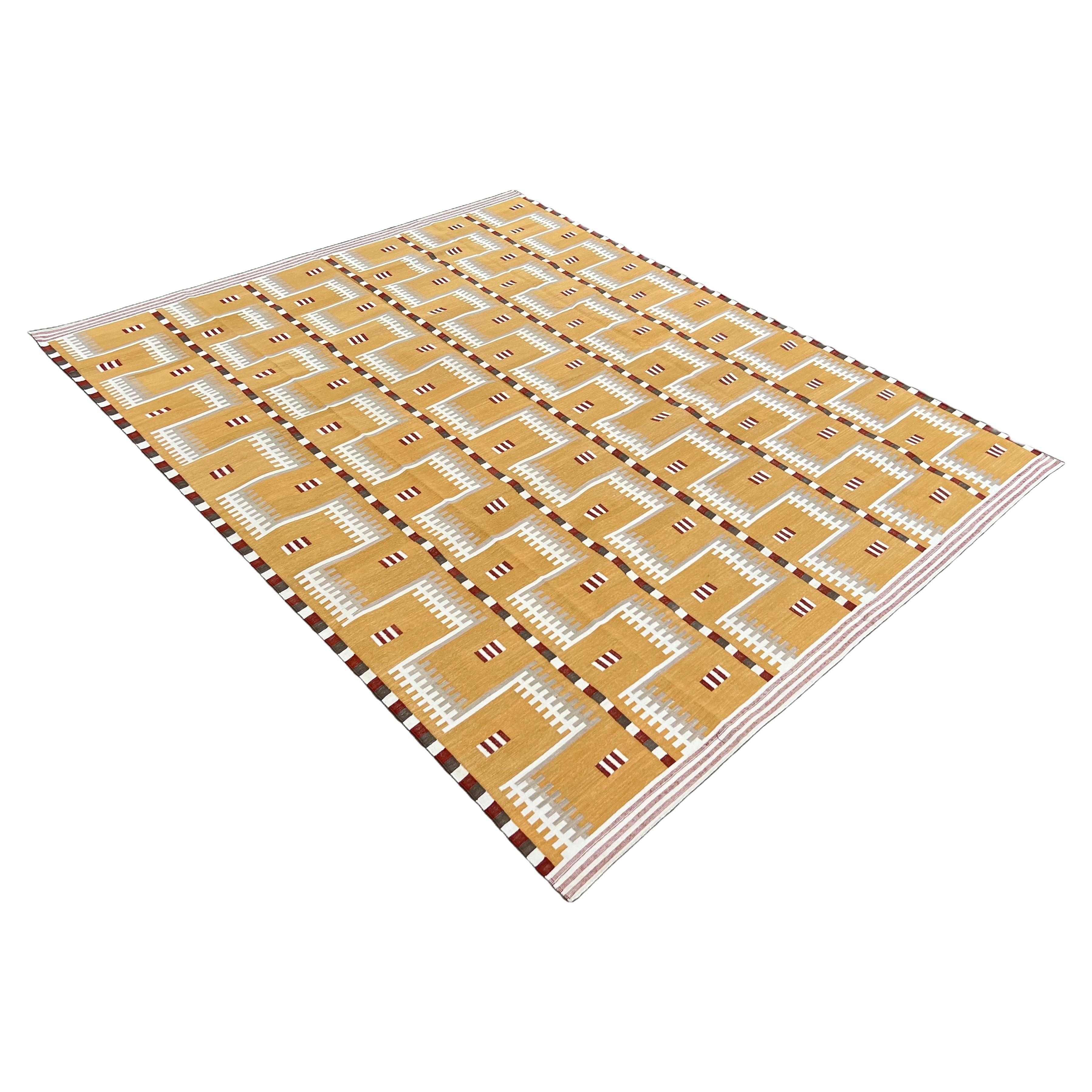 Handmade Cotton Area Flat Weave Rug, 8x10 Mustard Beige Geometric Indian Dhurrie