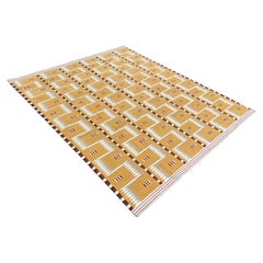 Handmade Cotton Area Flat Weave Rug, 8x10 Mustard Beige Geometric Indian Dhurrie