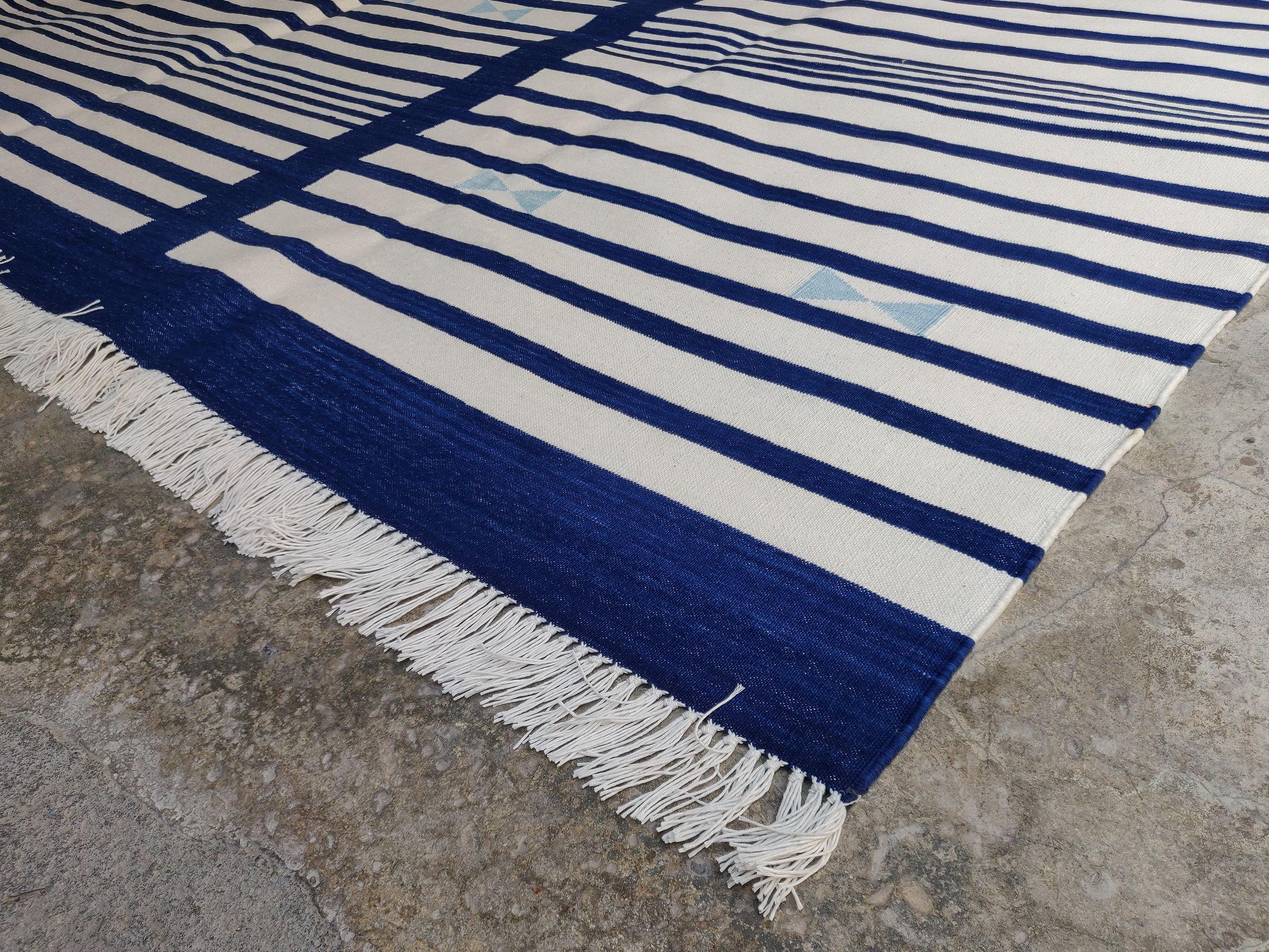 Handmade Cotton Area Flat Weave Rug, 8x10 Navy Blue, White Stripe Indian Dhurrie For Sale 4